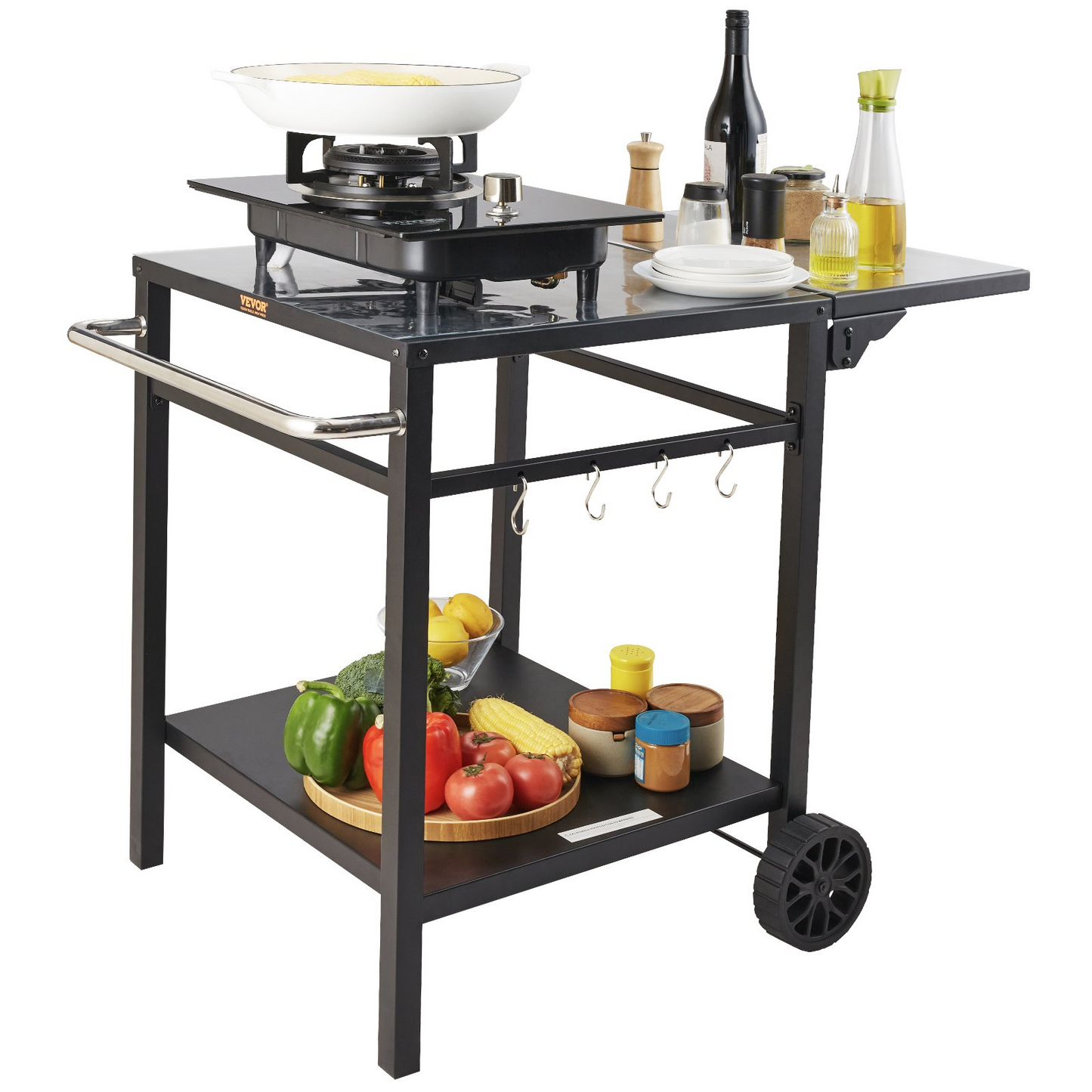 VEVOR Outdoor Grill Dining Cart with Double-Shelf, BBQ Movable Food Prep Table, Multifunctional Foldable Iron Table Top, Portable Modular Carts for Pizza Oven, Worktable with 2 Wheels, Carry Handle