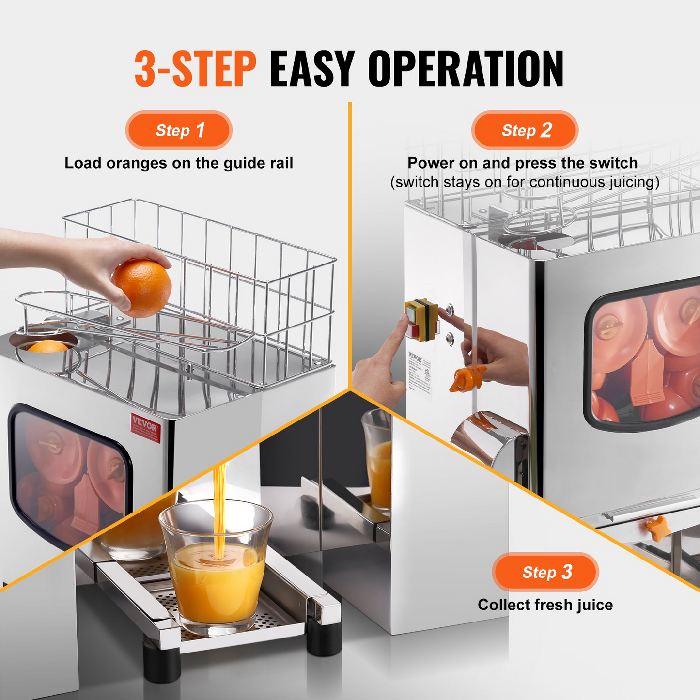 VEVOR Commercial Orange Juicer Machine, 120W Automatic Juice Extractor, Stainless Steel Orange Squeezer 20 Oranges/Minute, with Pull-Out Filter Box, Stainless Steel Cover, 2 Peel Collecting Buckets