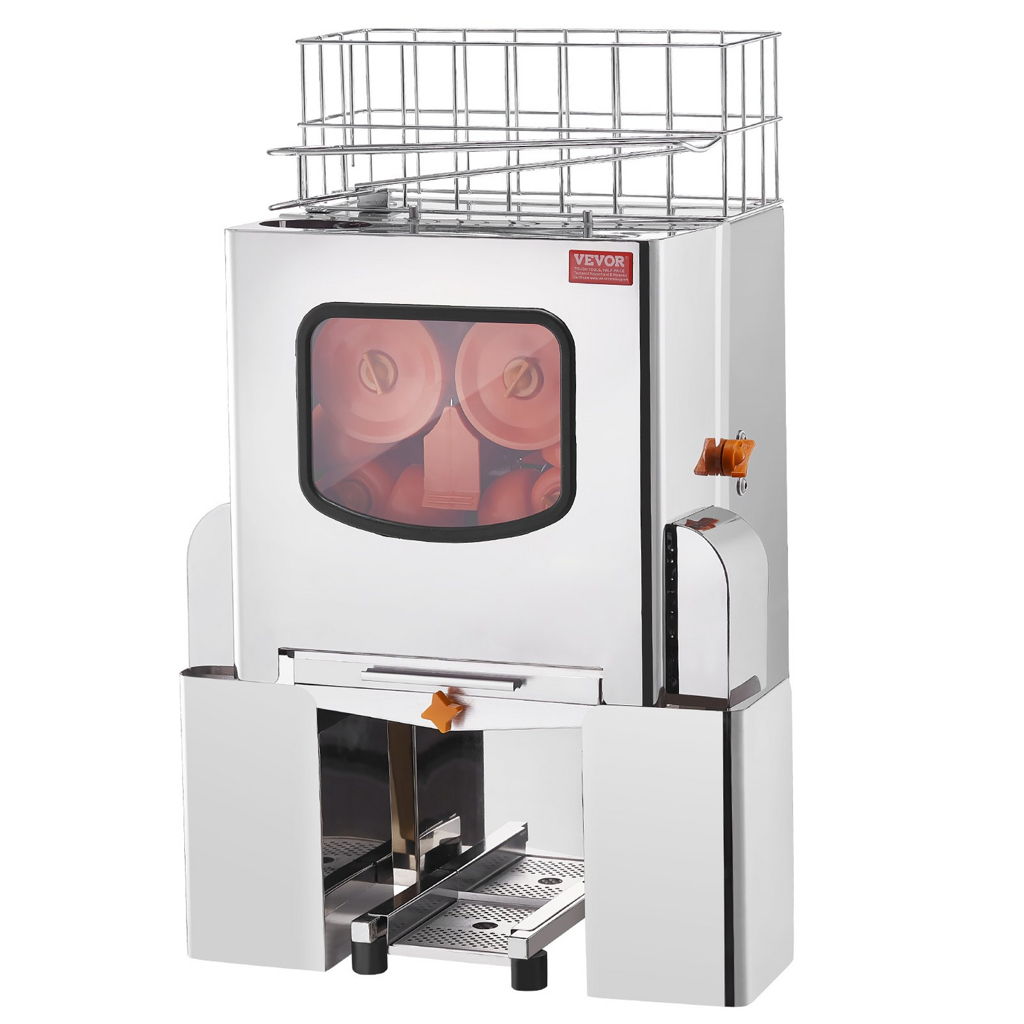 VEVOR Commercial Orange Juicer Machine, 120W Automatic Juice Extractor, Stainless Steel Orange Squeezer 20 Oranges/Minute, with Pull-Out Filter Box, Stainless Steel Cover, 2 Peel Collecting Buckets