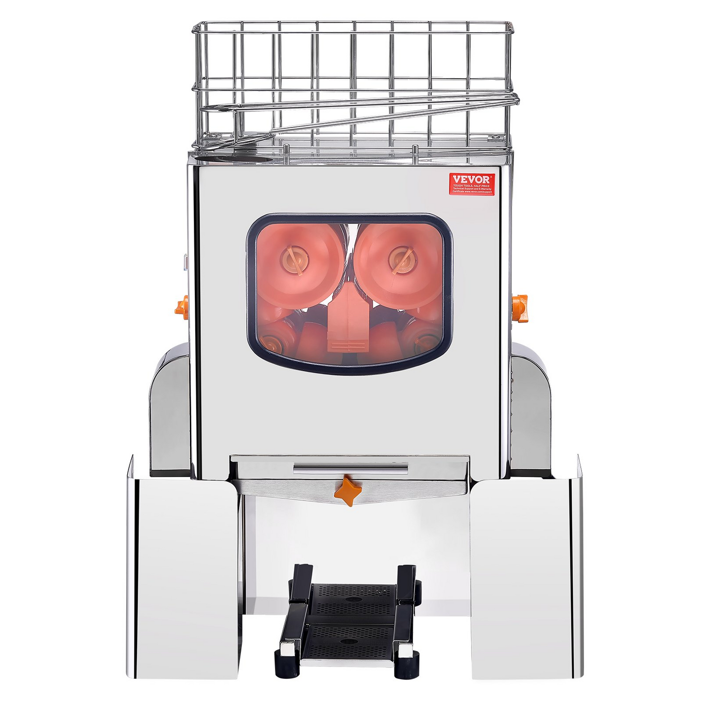 VEVOR Commercial Orange Juicer Machine, 120W Automatic Juice Extractor, Stainless Steel Orange Squeezer 20 Oranges/Minute, with Pull-Out Filter Box, Stainless Steel Cover, 2 Peel Collecting Buckets