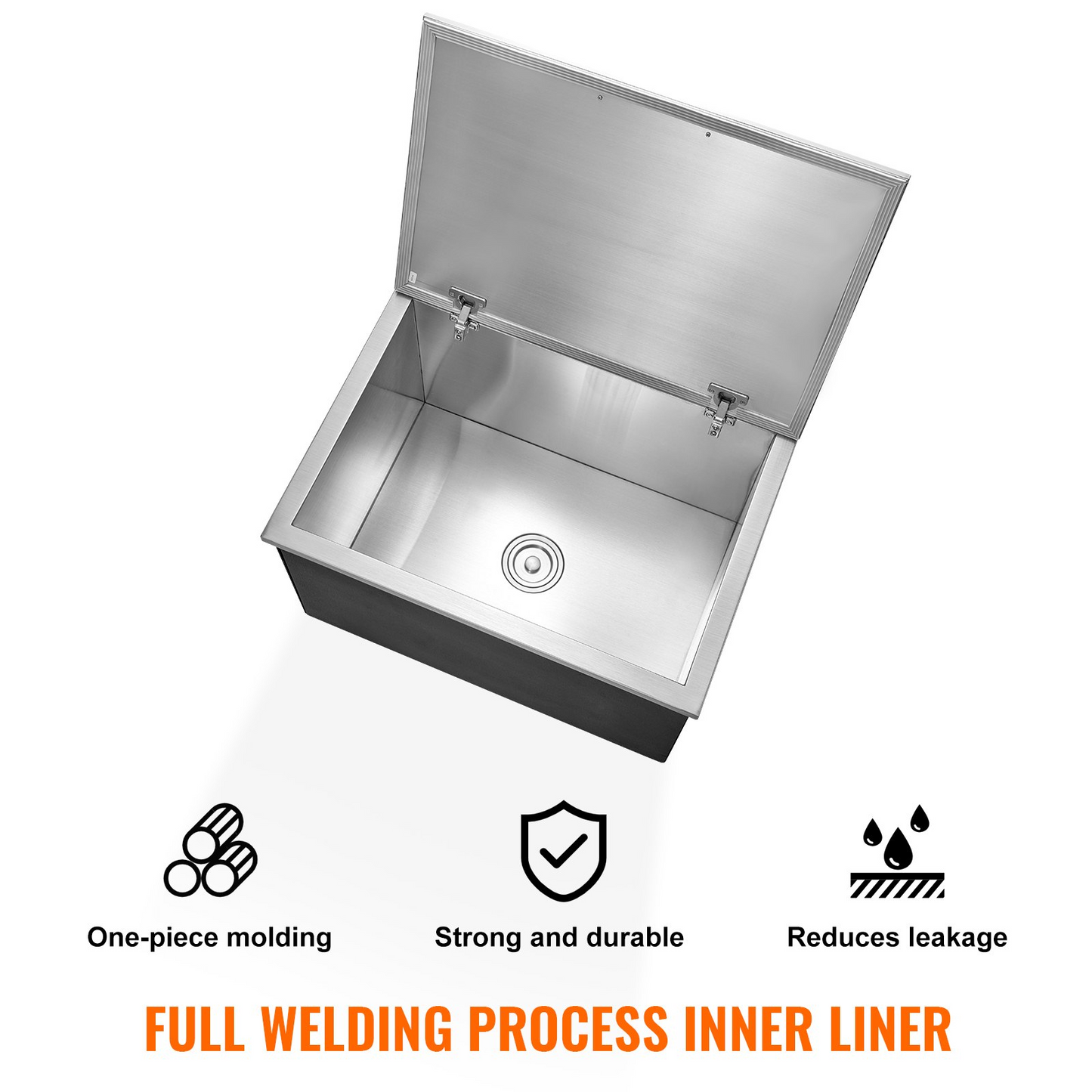 VEVOR Drop in Ice Chest, 28"L x 20"W x 17"H Stainless Steel Ice Cooler, Commercial Ice Bin with Hinged Cover, 40 qt Outdoor Kitchen Ice Bar, Drain-pipe and Drain Plug Included, for Cold Wine Beer