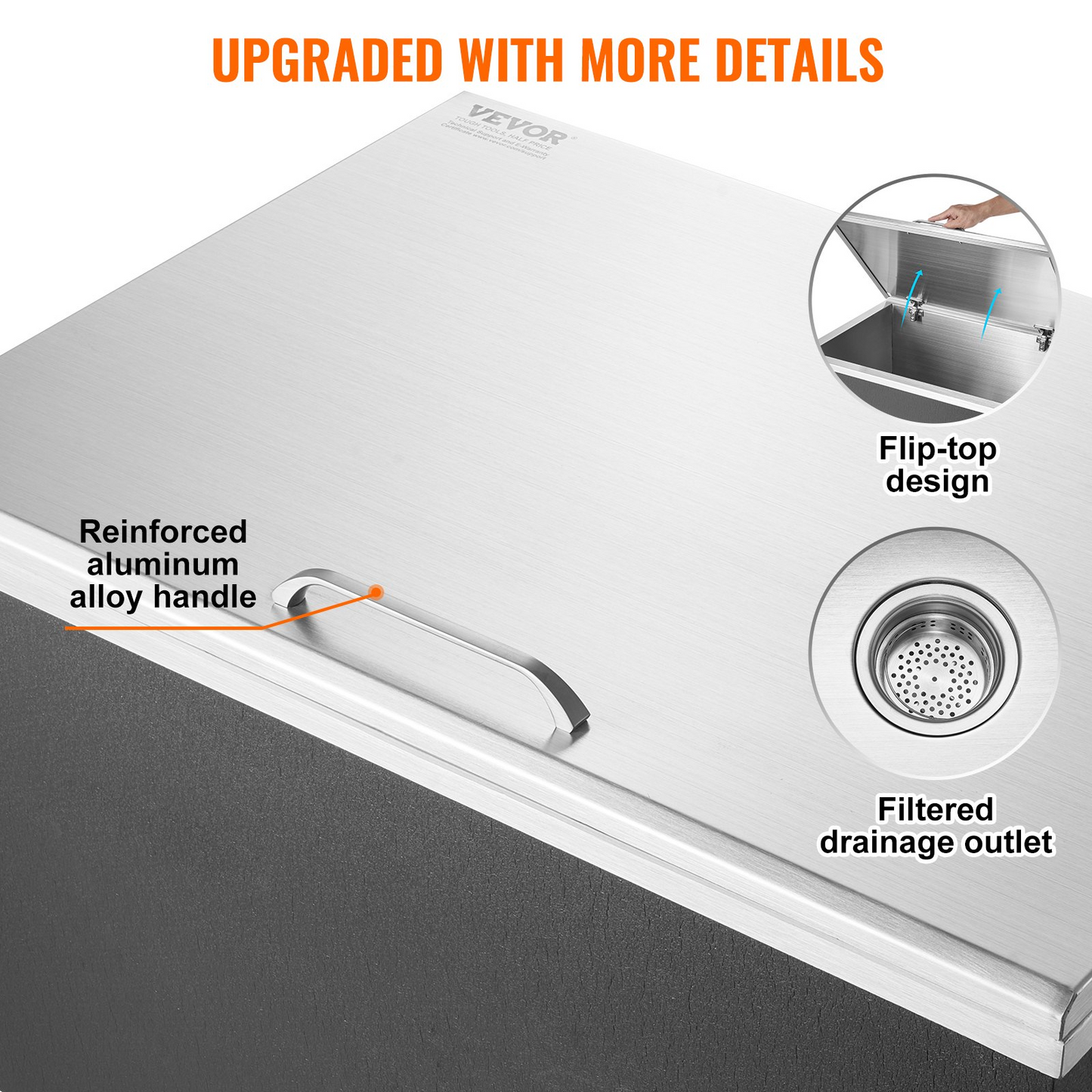 VEVOR Drop in Ice Chest, 28"L x 20"W x 17"H Stainless Steel Ice Cooler, Commercial Ice Bin with Hinged Cover, 40 qt Outdoor Kitchen Ice Bar, Drain-pipe and Drain Plug Included, for Cold Wine Beer