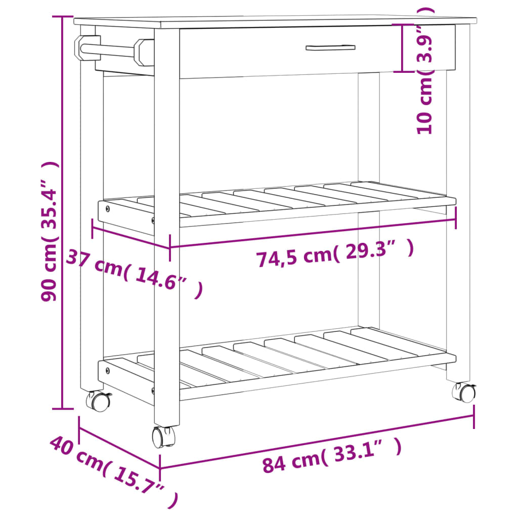 vidaXL Kitchen Trolley MONZA 33.1"x15.7"x35.4" Solid Wood Pine