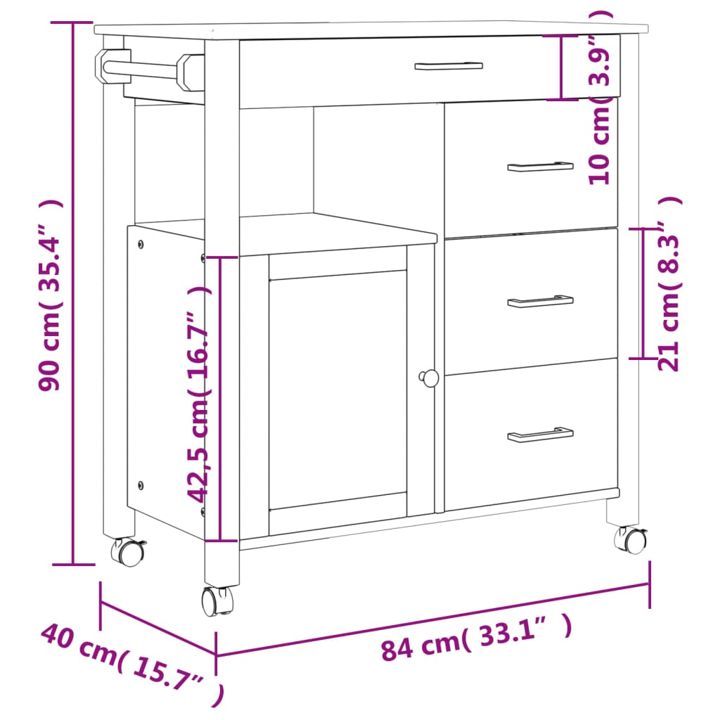 vidaXL Kitchen Trolley MONZA 33.1"x15.7"x35.4" Solid Wood Pine