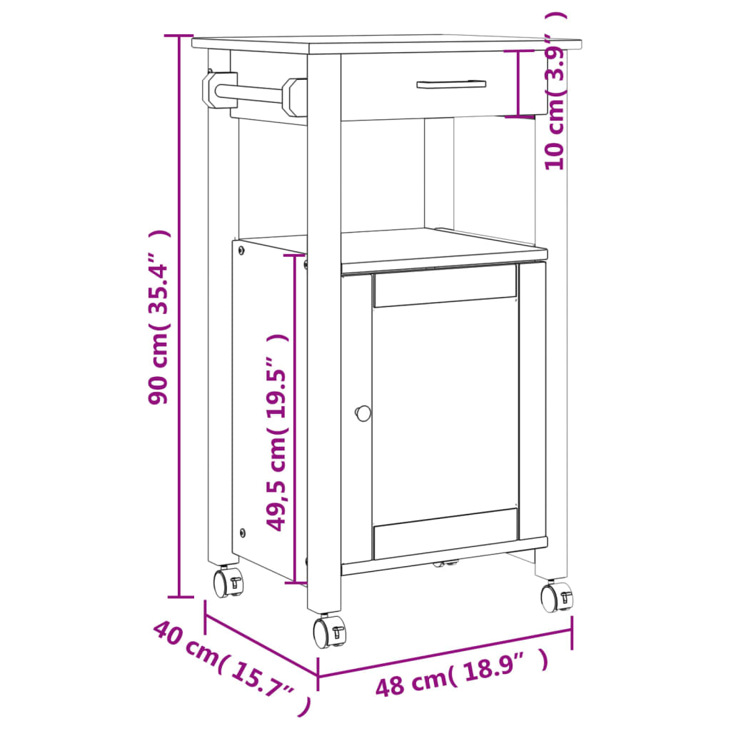 vidaXL Kitchen Trolley MONZA 18.9"x15.7"x35.4" Solid Wood Pine