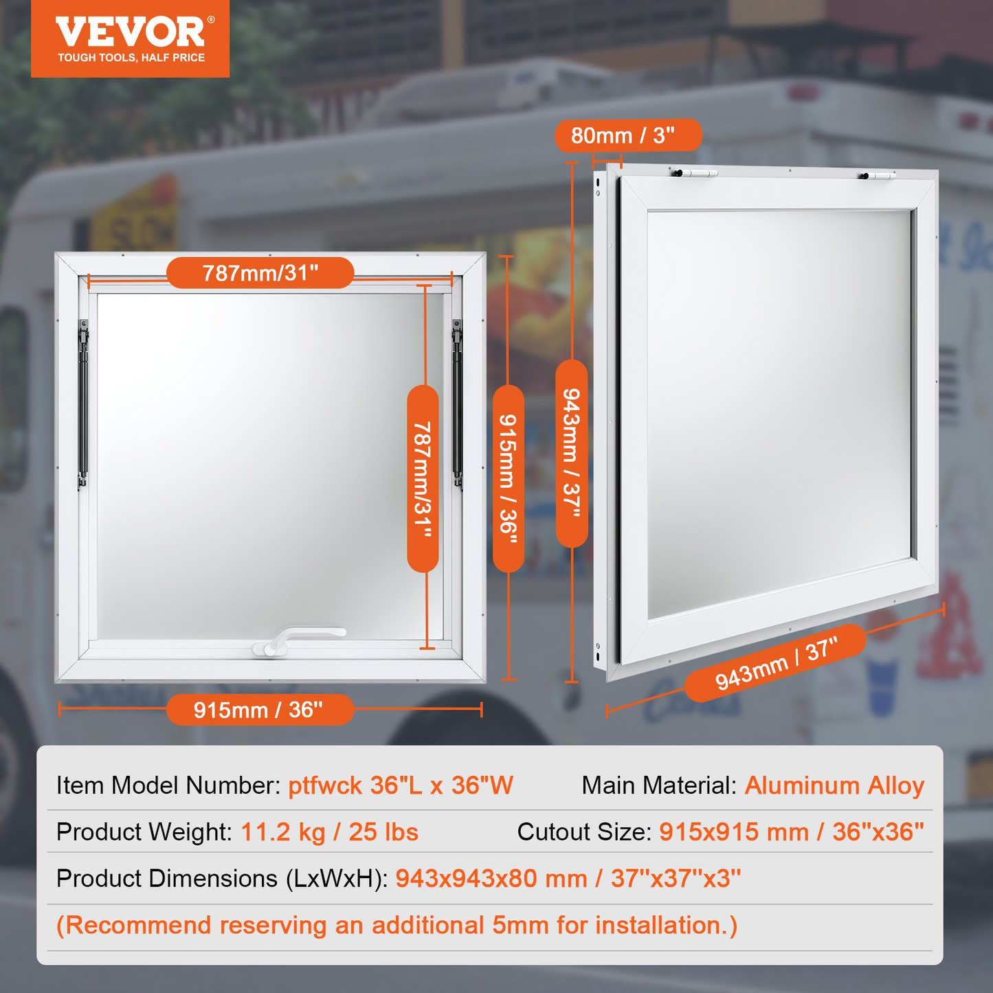 VEVOR Concession Window 36"x36", Aluminum Alloy Food Truck Service Window with Awning Door & Drag Hook, Up to 85 Degrees Stand Serving Window for Food Trucks Concession Trailers, Glass Not Included