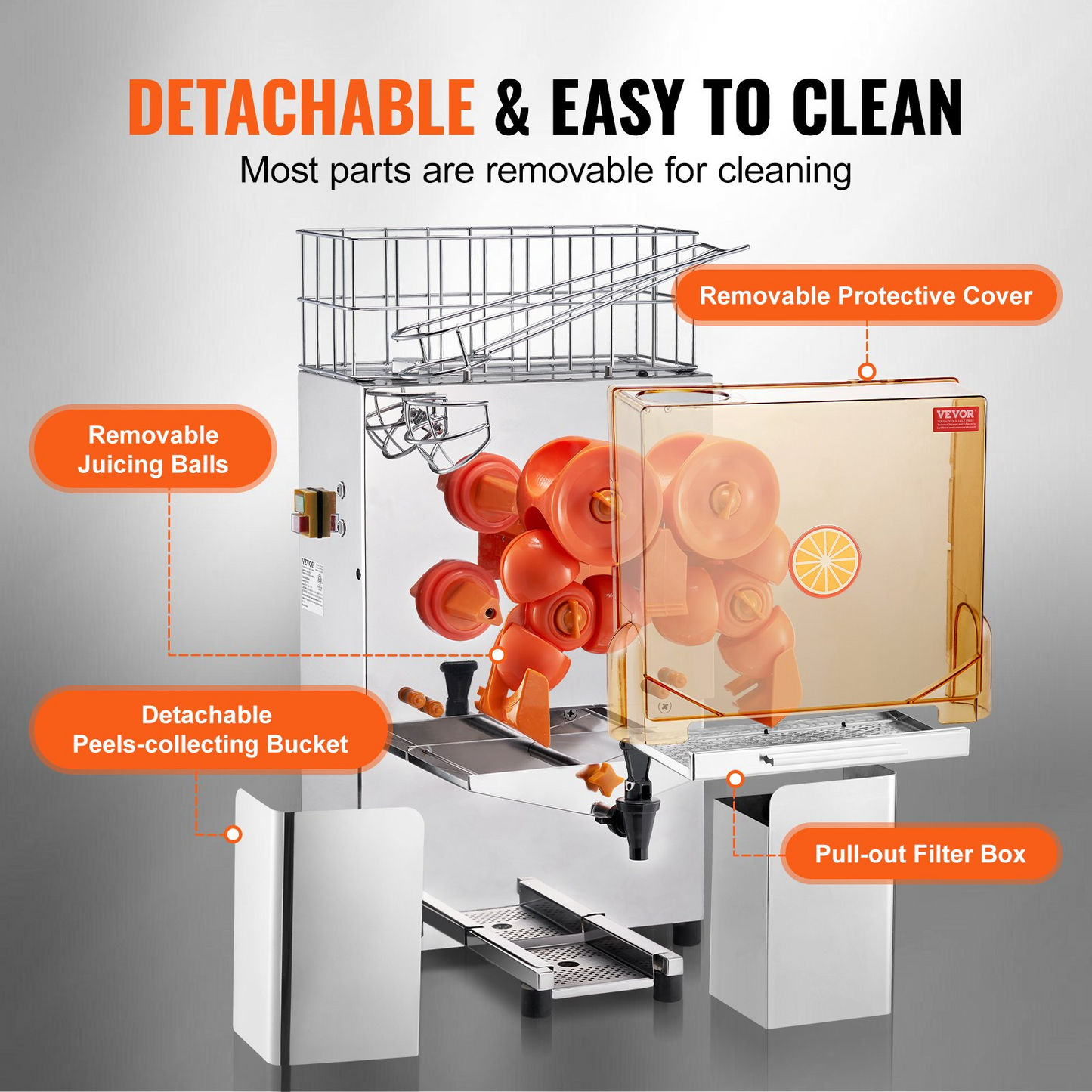 VEVOR Commercial Orange Juicer Machine, 120W Automatic Juice Extractor with Water Tap, Stainless Steel Orange Squeezer 20 Oranges/Minute, with Pull-Out Filter Box, PC Cover, 2 Peel Collecting Buckets
