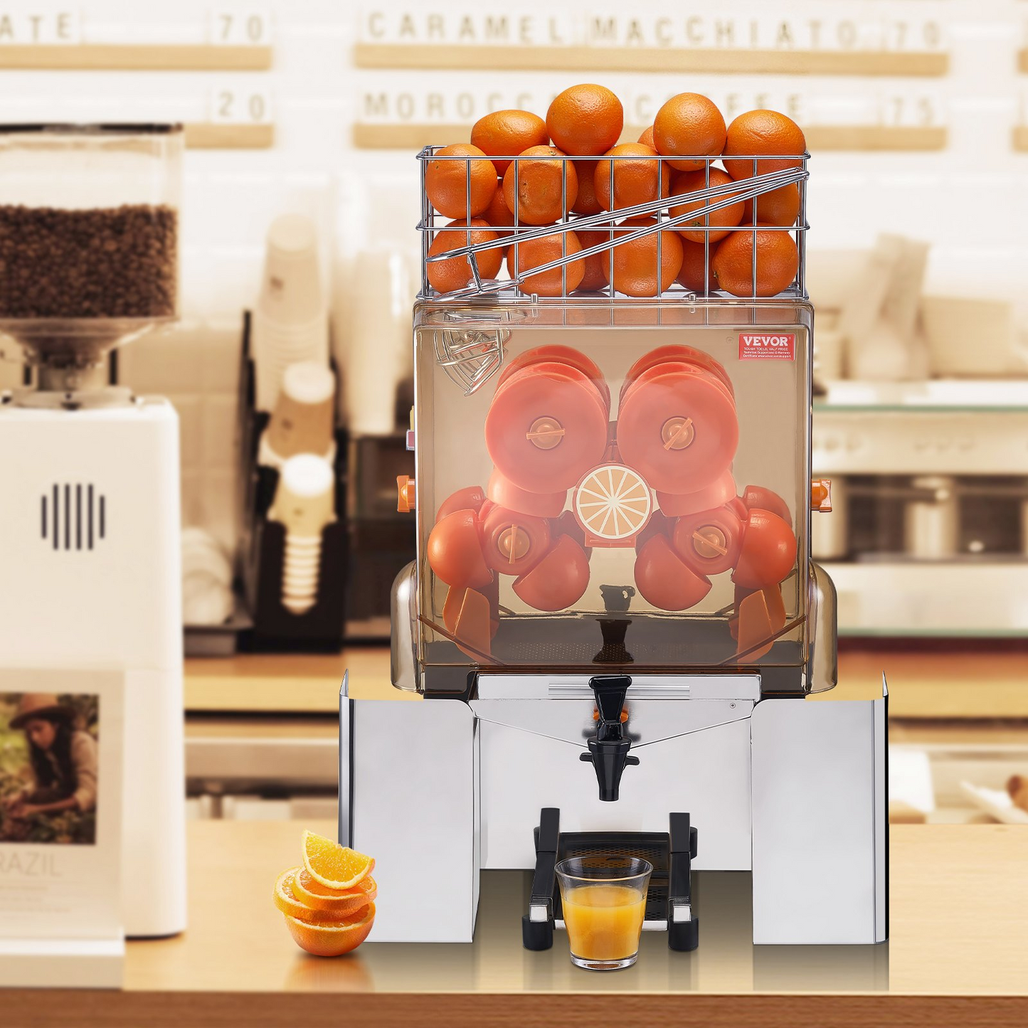 VEVOR Commercial Orange Juicer Machine, 120W Automatic Juice Extractor with Water Tap, Stainless Steel Orange Squeezer 20 Oranges/Minute, with Pull-Out Filter Box, PC Cover, 2 Peel Collecting Buckets