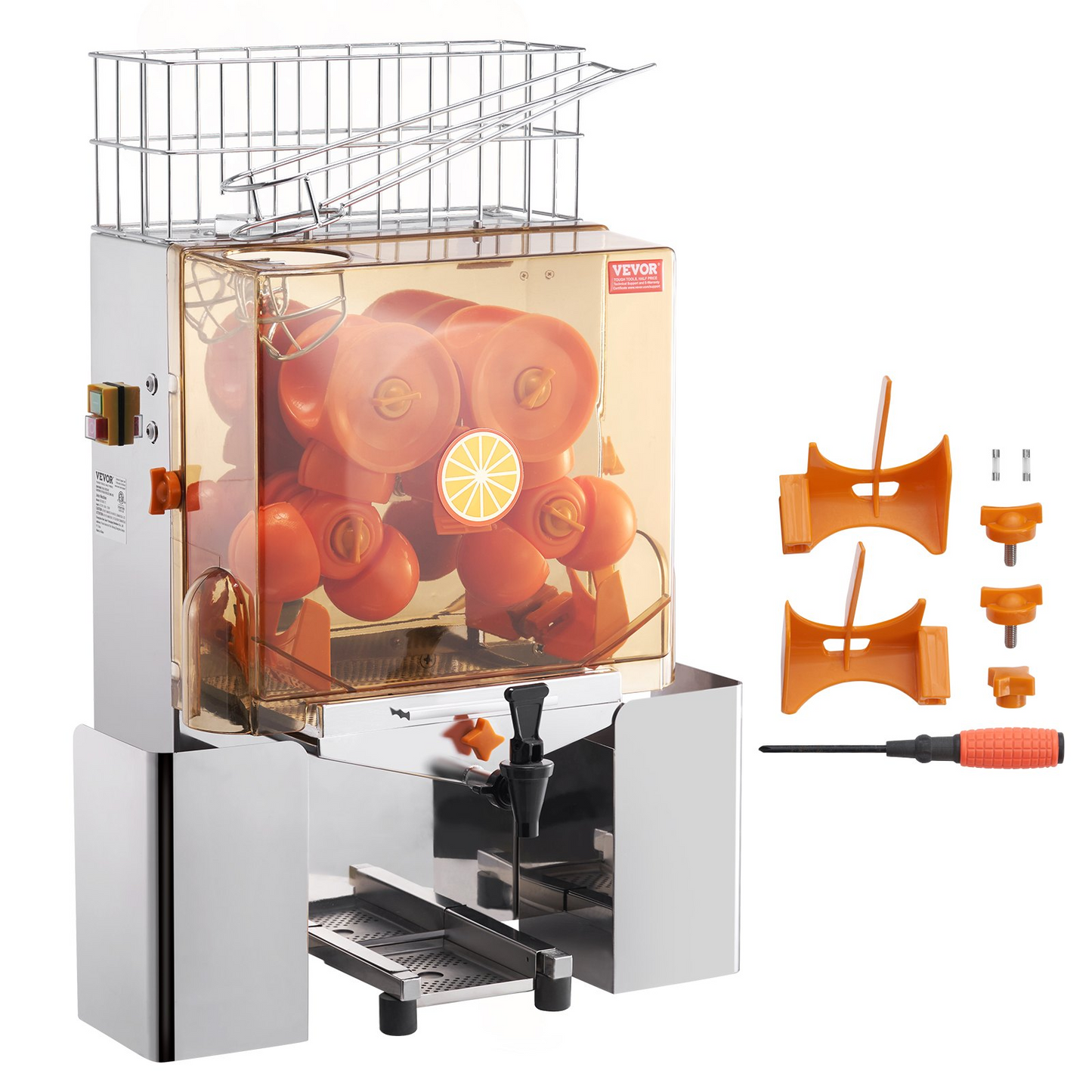 VEVOR Commercial Orange Juicer Machine, 120W Automatic Juice Extractor with Water Tap, Stainless Steel Orange Squeezer 20 Oranges/Minute, with Pull-Out Filter Box, PC Cover, 2 Peel Collecting Buckets