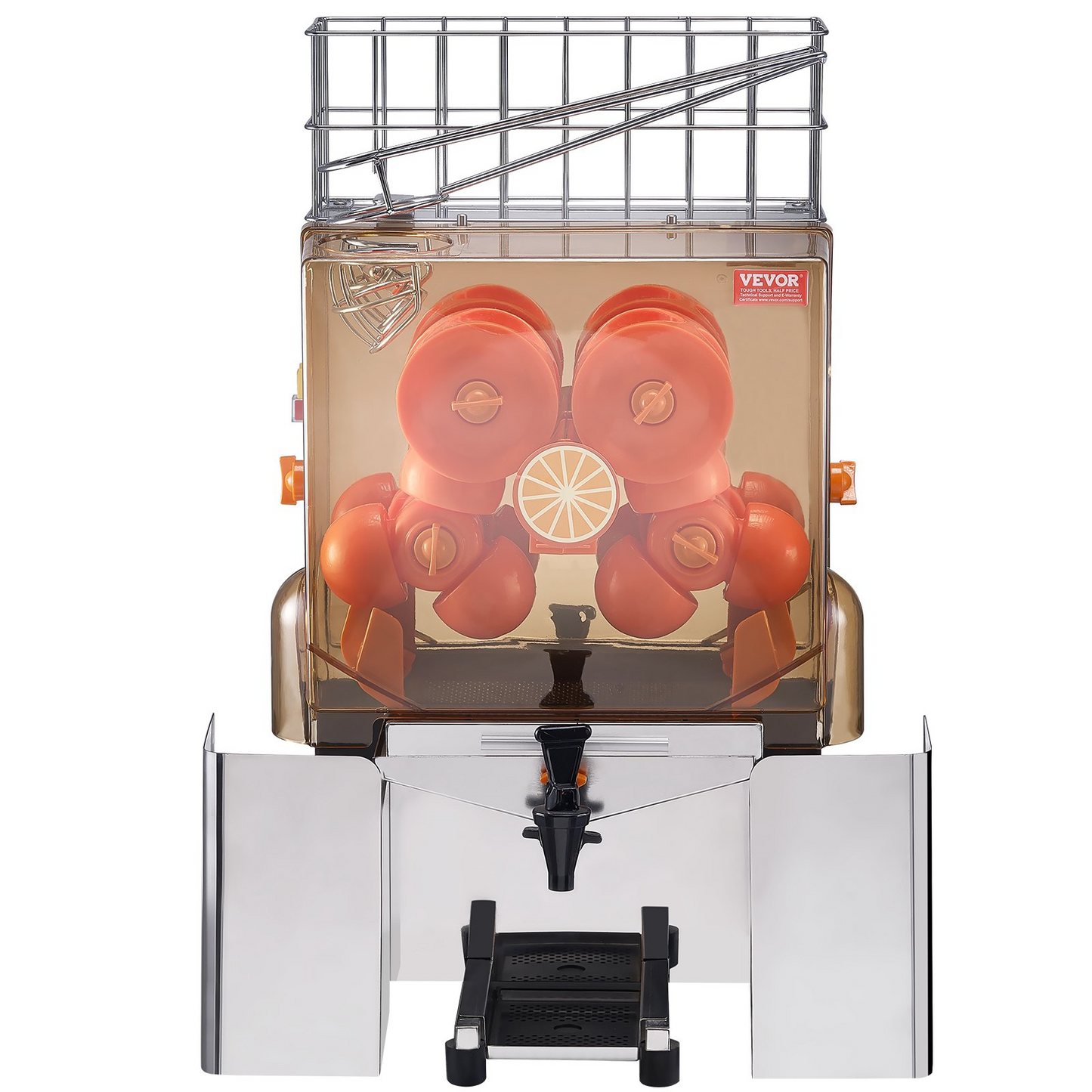 VEVOR Commercial Orange Juicer Machine, 120W Automatic Juice Extractor with Water Tap, Stainless Steel Orange Squeezer 20 Oranges/Minute, with Pull-Out Filter Box, PC Cover, 2 Peel Collecting Buckets