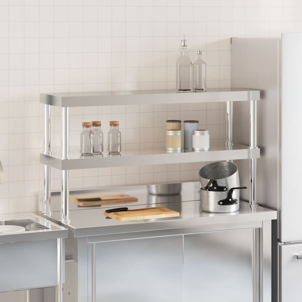 vidaXL Work Table Overshelf 2-Tier 43.3"x11.8"x25.6" Stainless Steel