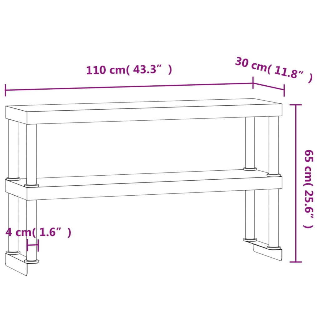 vidaXL Work Table Overshelf 2-Tier 43.3"x11.8"x25.6" Stainless Steel