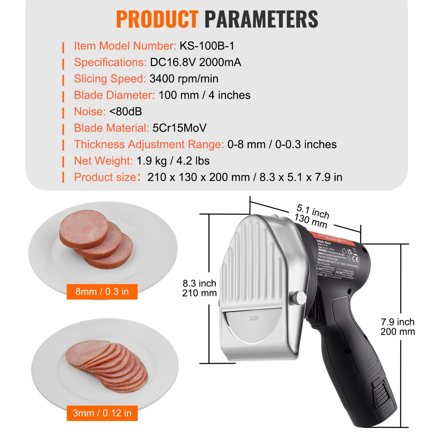 VEVOR Electric Shawarma Knife, 80W Cordless Battery Professional Turkish Knife, Commercial Stainless Steel Gyro Cutter, Doner Kebab Meat Slicer with 2 Blades, Φ4"/100mm, 0-8mm Adjustable Thickness