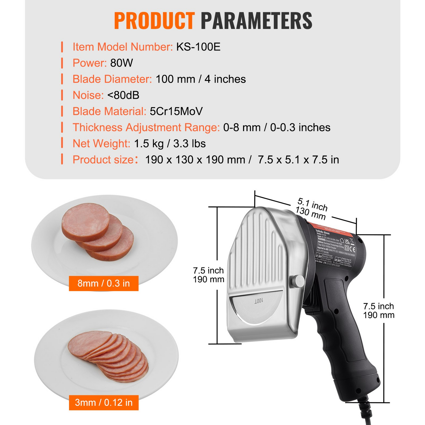 VEVOR Electric Shawarma Knife, 80W Professional Turkish Kebab Knife, Commercial Stainless Steel Gyro Cutter, Doner Kebab Meat Slicer with 2 Blades, Φ4"/100mm Blade Diameter, 0-8mm Adjustable Thickness
