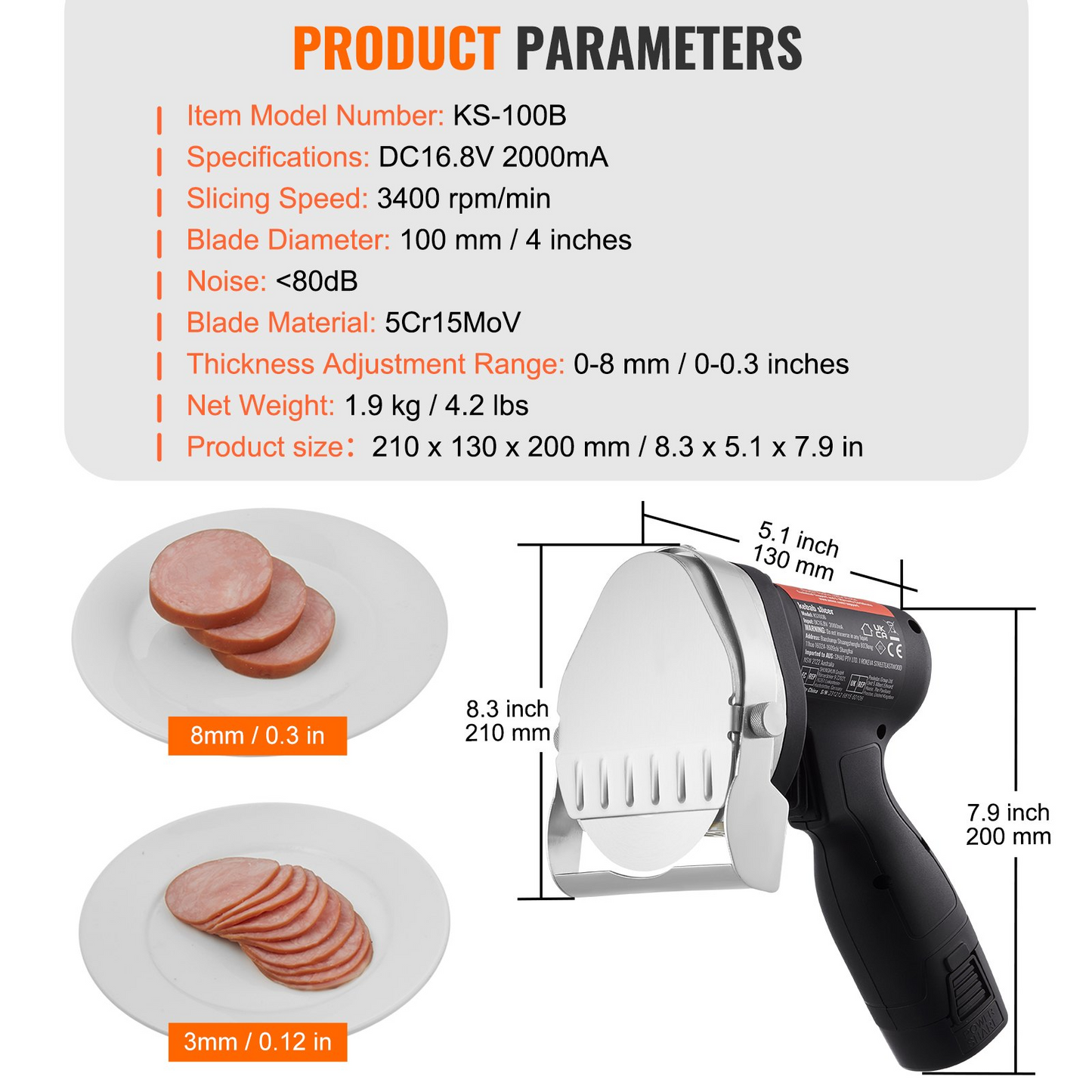 VEVOR Electric Shawarma Knife, 80W Cordless Battery Professional Turkish Knife, Commercial Stainless Steel Gyro Cutter, Doner Kebab Meat Slicer with 2 Blades, Φ4"/100mm, 0-8mm Adjustable Thickness