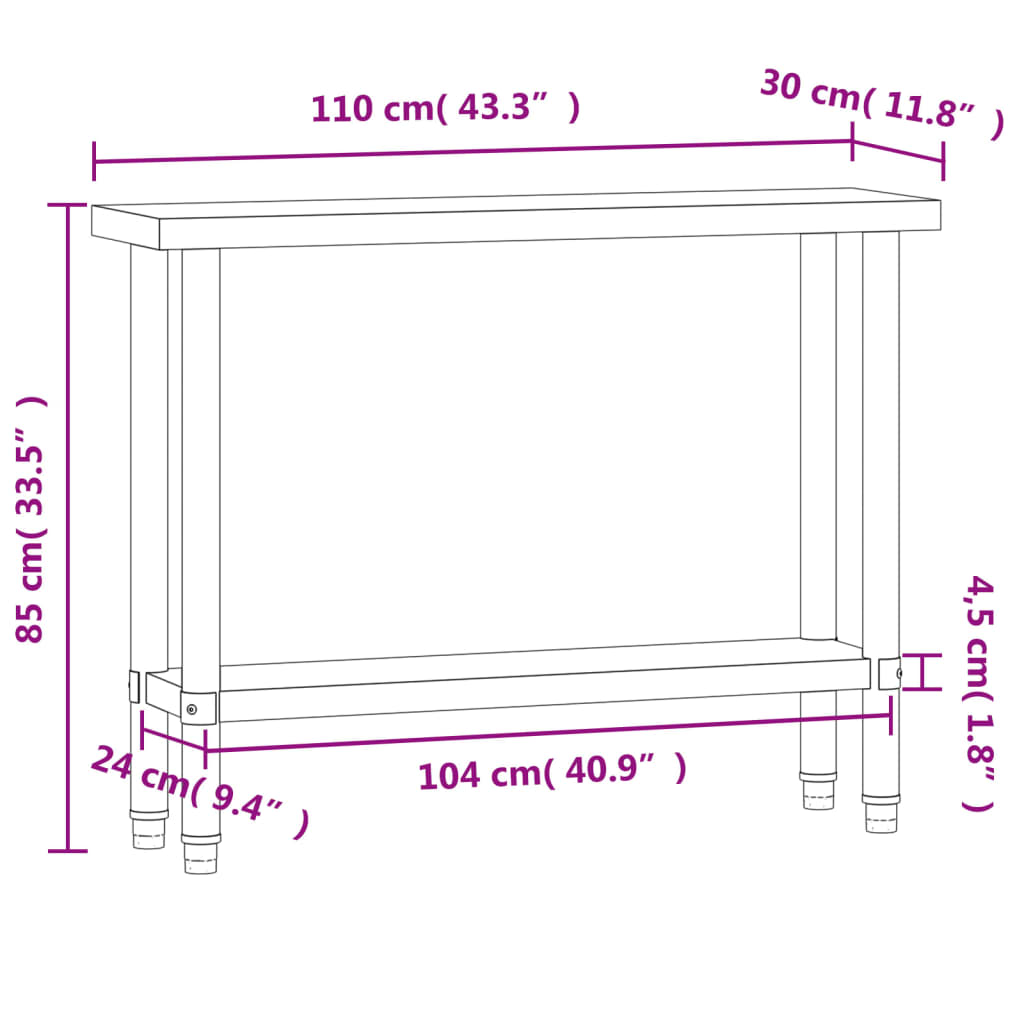 vidaXL Kitchen Work Table 43.3"x11.8"x33.5" Stainless Steel