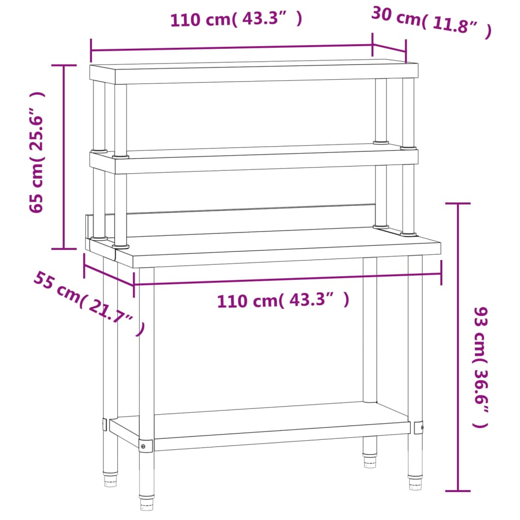 vidaXL Kitchen Work Table with Overshelf 43.3"x21.7"x59.1" Stainless Steel