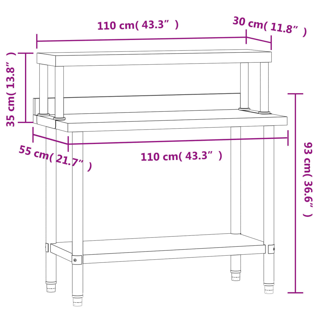 vidaXL Kitchen Work Table with Overshelf 43.3"x21.7"x47.2" Stainless Steel