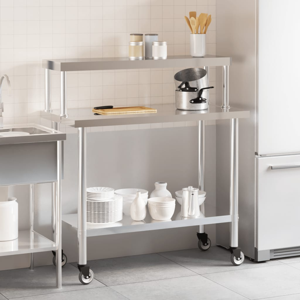 vidaXL Kitchen Work Table with Overshelf 43.3"x21.7"x47.2" Stainless Steel