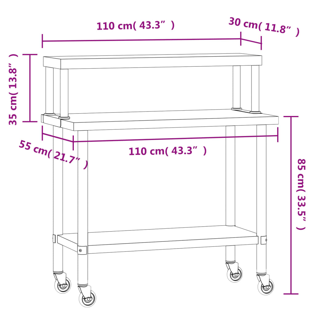vidaXL Kitchen Work Table with Overshelf 43.3"x21.7"x47.2" Stainless Steel