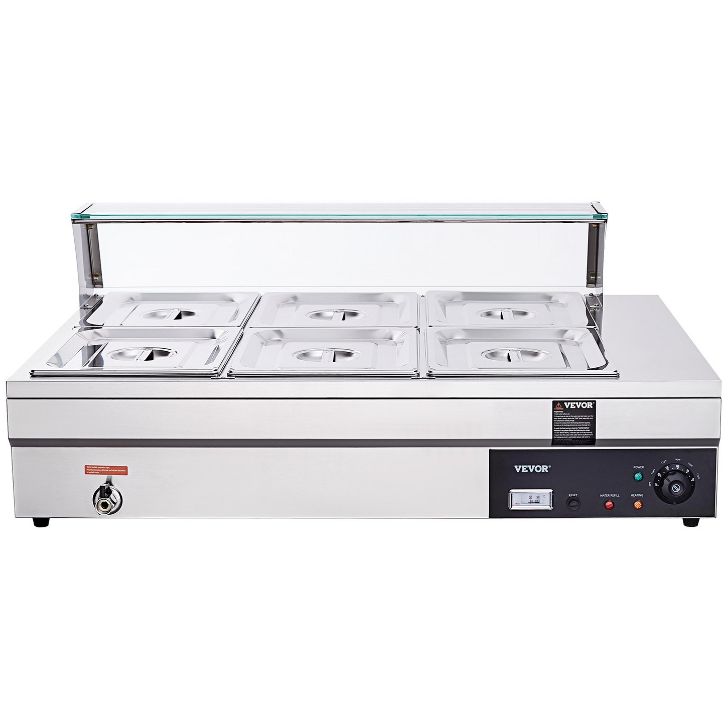 VEVOR 6-Pan Commercial Food Warmer, 6 x 12QT Electric Steam Table with Tempered Glass Cover, 1500W Countertop Stainless Steel Buffet Bain Marie 86-185°F Temp Control for Catering, Restaurants, Silver