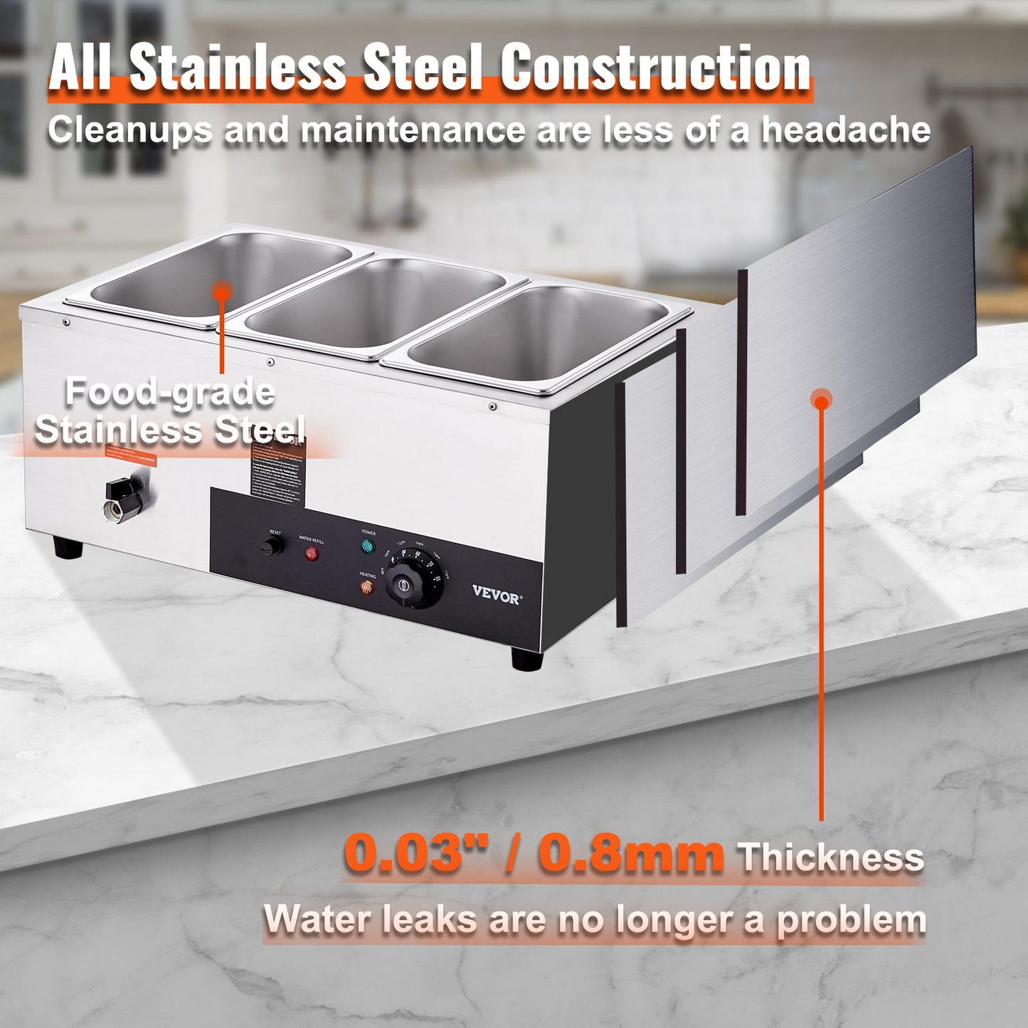 VEVOR 3-Pan Commercial Food Warmer, 3 x 8QT Electric Steam Table, 1500W Professional Countertop Stainless Steel Buffet Bain Marie with 86-185°F Temp Control for Catering and Restaurants, Silver