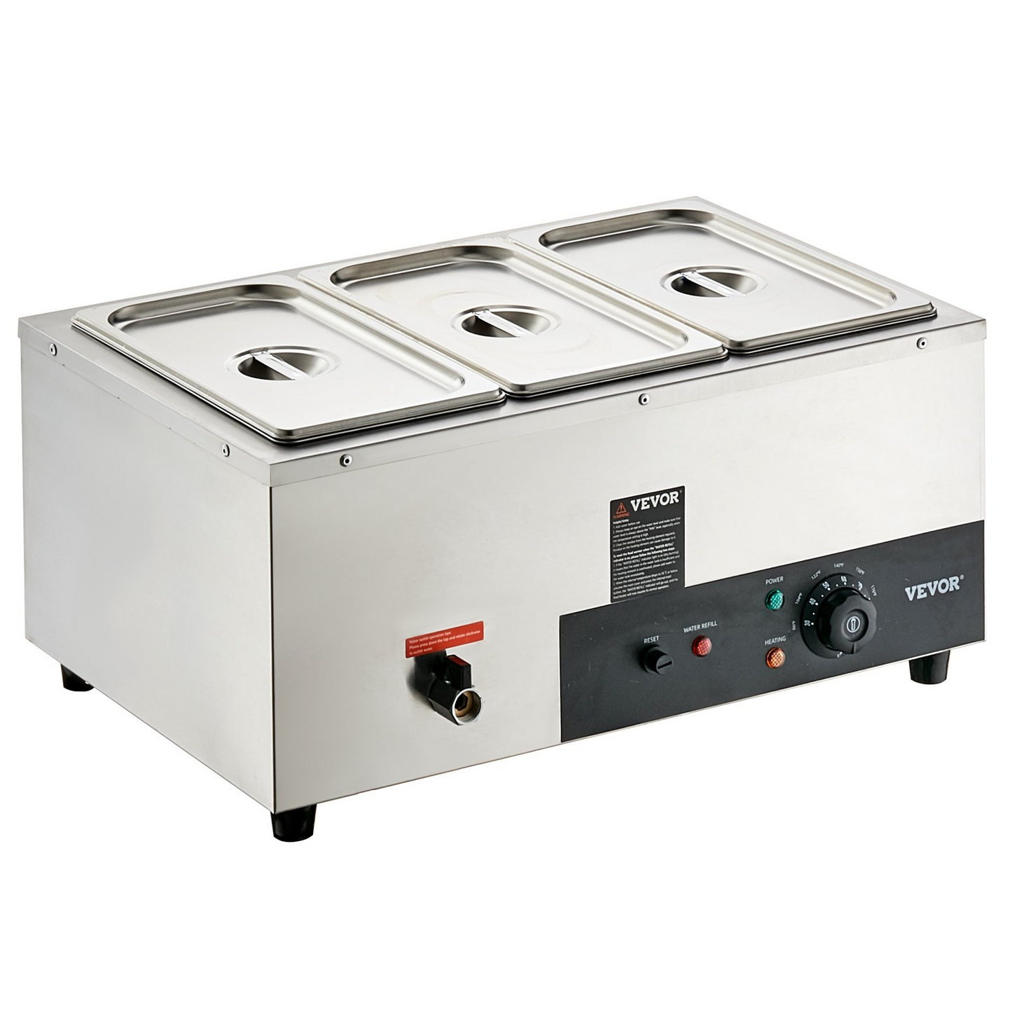 VEVOR 3-Pan Commercial Food Warmer, 3 x 8QT Electric Steam Table, 1500W Professional Countertop Stainless Steel Buffet Bain Marie with 86-185°F Temp Control for Catering and Restaurants, Silver