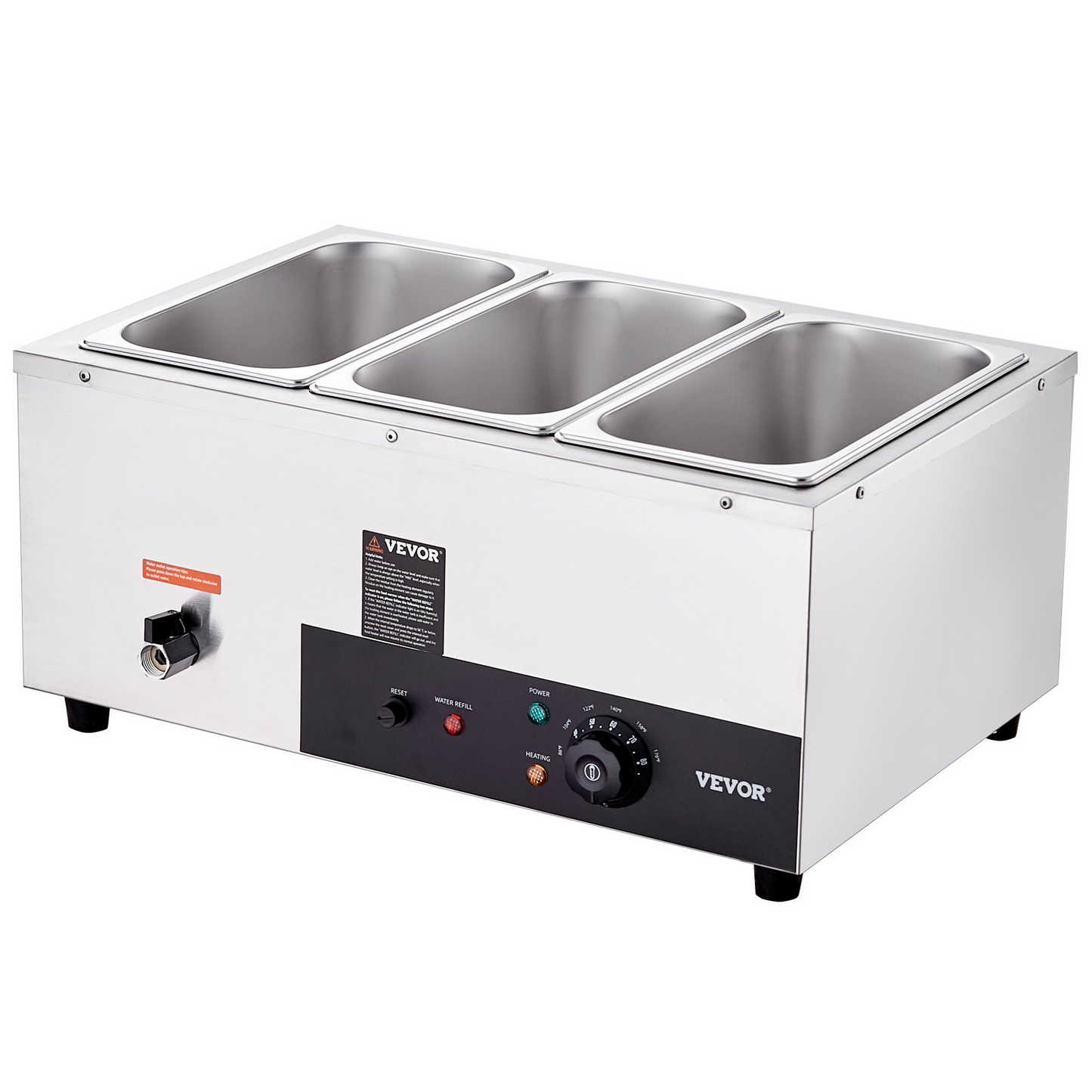 VEVOR 3-Pan Commercial Food Warmer, 3 x 8QT Electric Steam Table, 1500W Professional Countertop Stainless Steel Buffet Bain Marie with 86-185°F Temp Control for Catering and Restaurants, Silver