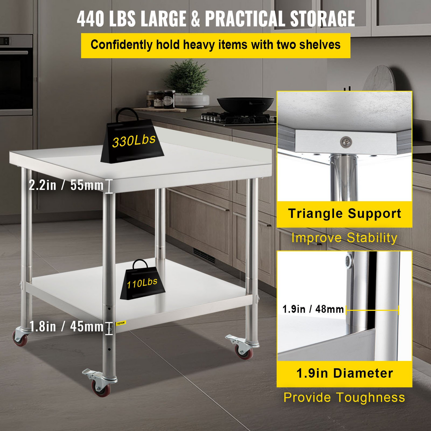 VEVOR Stainless Steel Prep Table, 24 x 15 x 35 Inch, 440lbs Load Capacity Heavy Duty Metal Worktable with Backsplash Adjustable Undershelf & 4 Casters, Commercial Workstation for Kitchen Restaurant