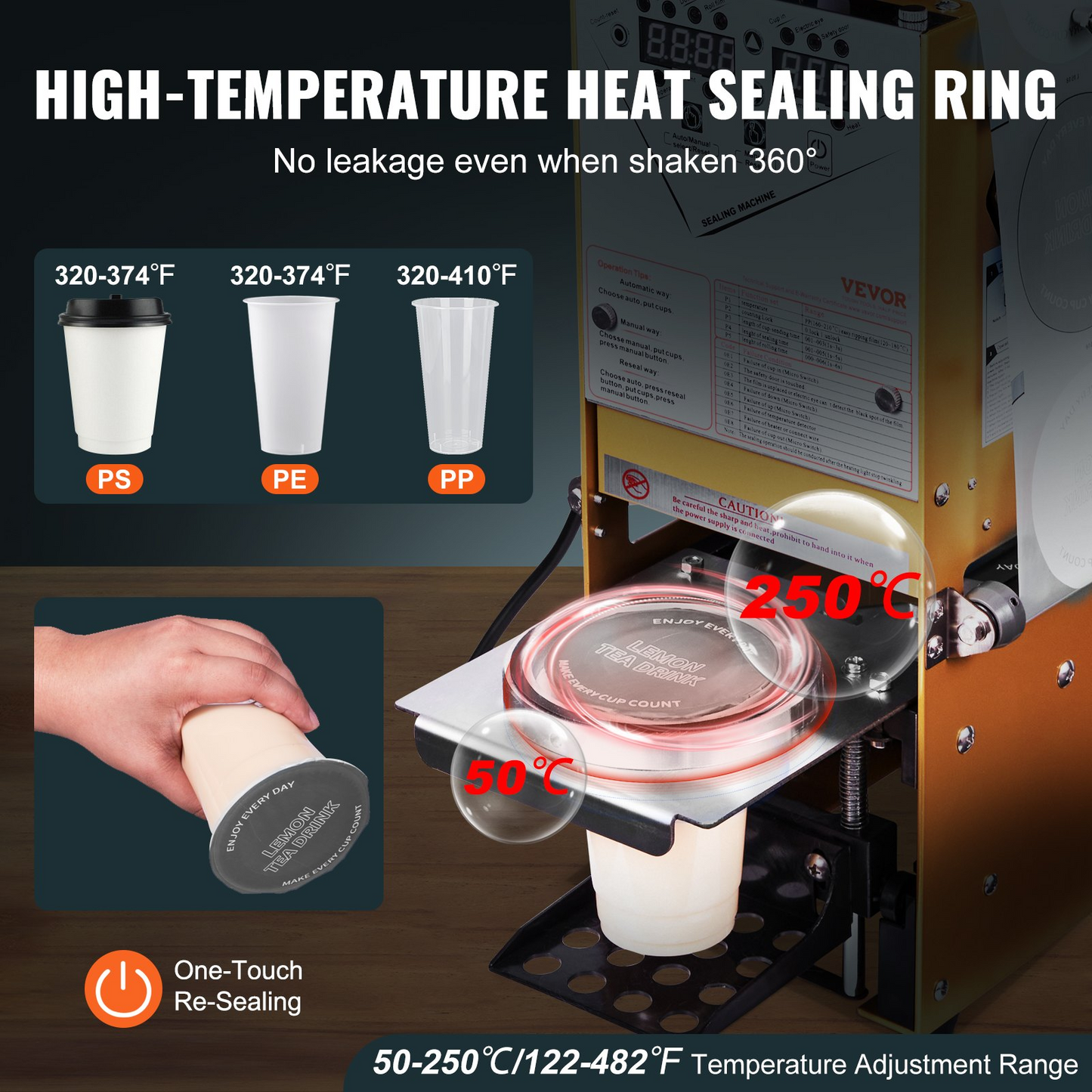 VEVOR Fully Automatic Cup Sealing Machine, 500-650 Cups/H, Cup Sealer Machine for 180 mm Tall & 90/95 mm Cup, Electric Boba Tea Sealer with Digital Control LCD Panel for Bubble Milk Tea Coffee, Gold