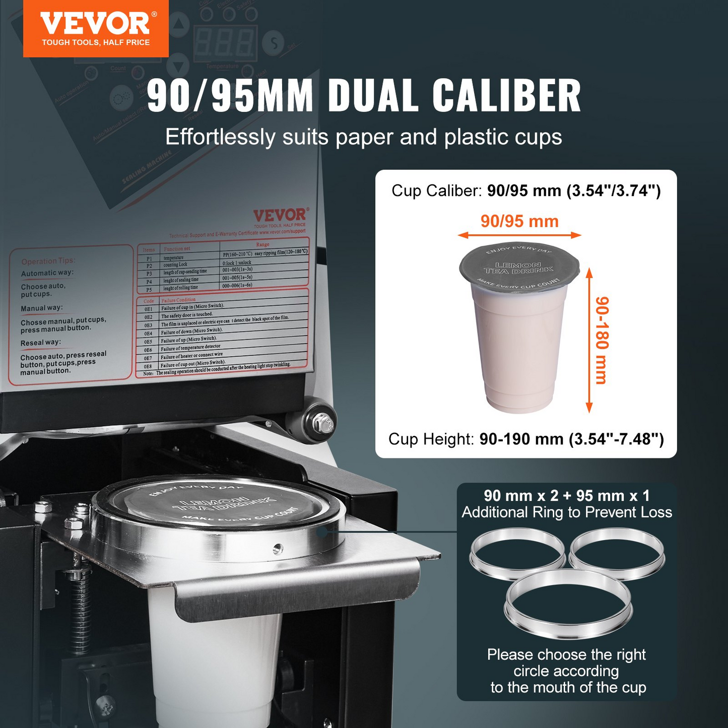 VEVOR Fully Automatic Cup Sealing Machine, 500-650 Cups/H, Cup Sealer Machine for 190 mm Tall & 90/95 mm Cup, Electric Boba Tea Sealer with Digital Control LCD Panel for Bubble Milk Tea Coffee, Black