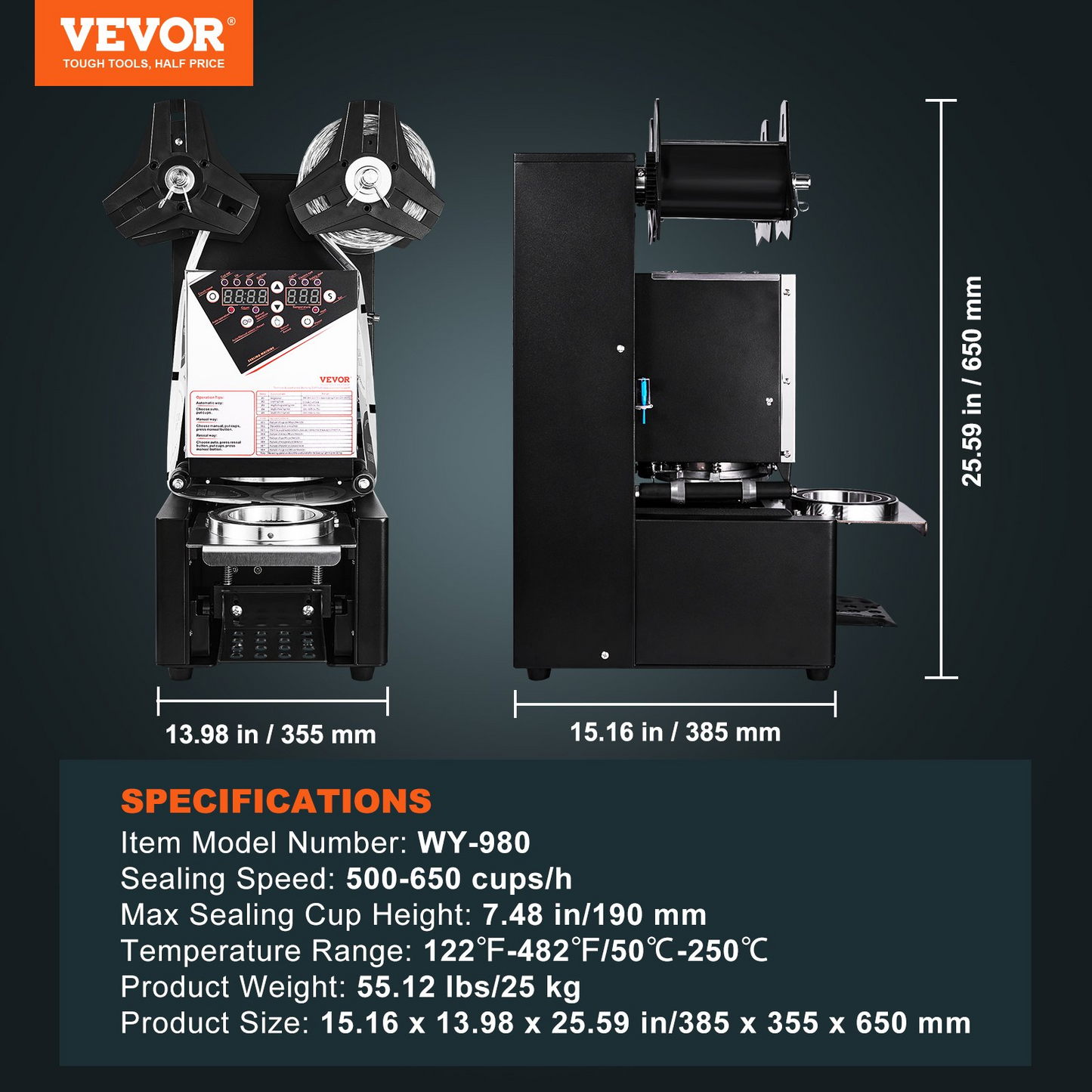 VEVOR Fully Automatic Cup Sealing Machine, 500-650 Cups/H, Cup Sealer Machine for 190 mm Tall & 90/95 mm Cup, Electric Boba Tea Sealer with Digital Control LCD Panel for Bubble Milk Tea Coffee, Black