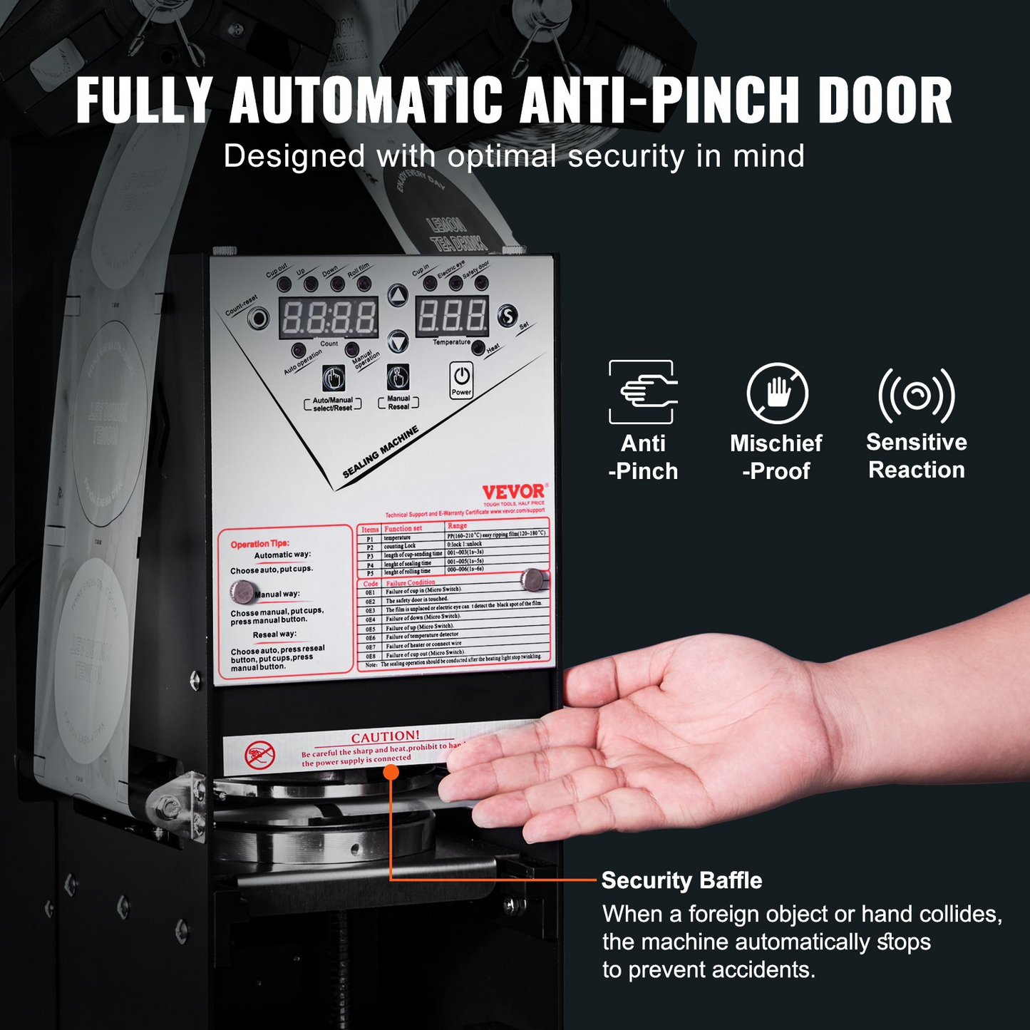 VEVOR Fully Automatic Cup Sealing Machine, 500-650 Cups/H, Cup Sealer Machine for 180 mm Tall & 90/95 mm Cup, Electric Boba Tea Sealer with Digital Control LCD Panel for Bubble Milk Tea Coffee, Black