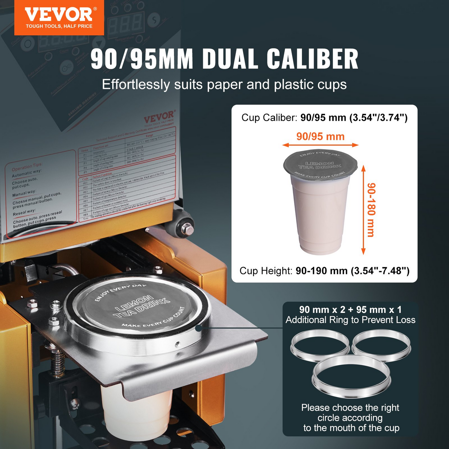 VEVOR Fully Automatic Cup Sealing Machine, 500-650 Cups/H, Cup Sealer Machine for 190 mm Tall & 90/95 mm Cup, Electric Boba Tea Sealer with Digital Control LCD Panel for Bubble Milk Tea Coffee, Gold