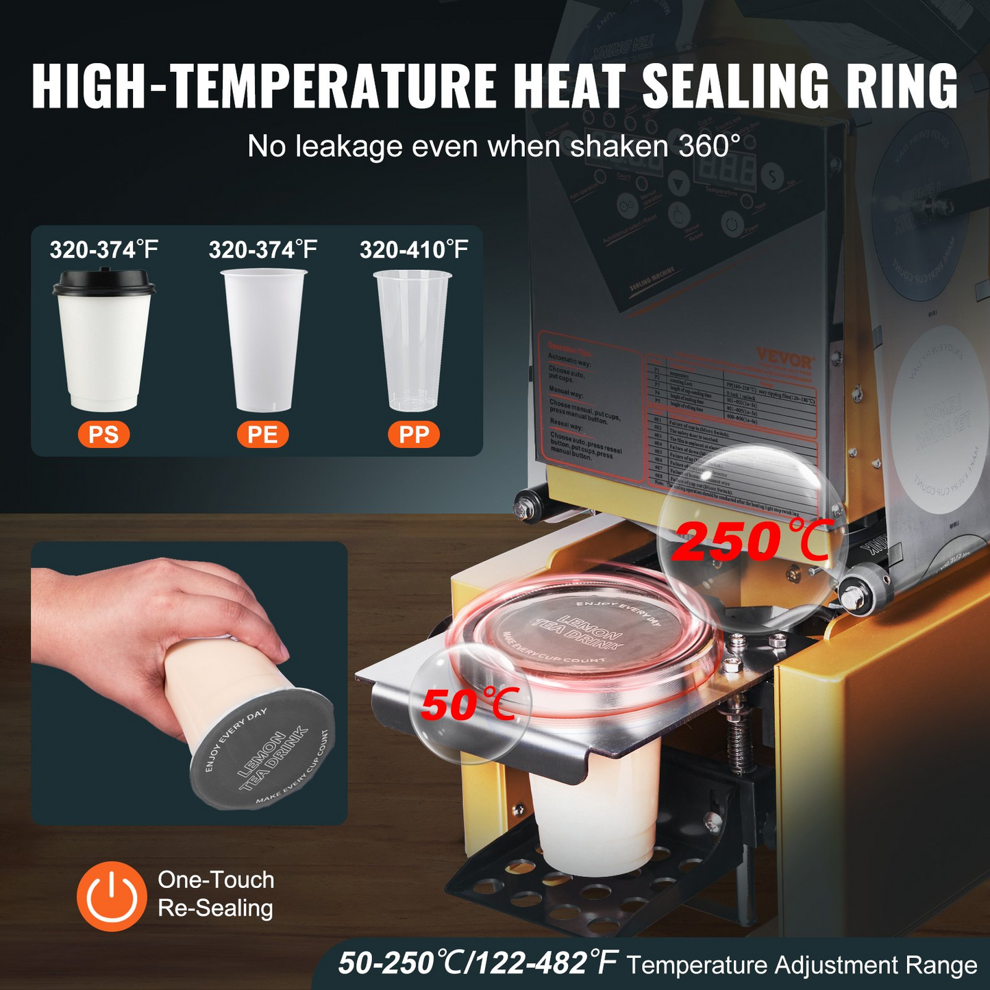 VEVOR Fully Automatic Cup Sealing Machine, 500-650 Cups/H, Cup Sealer Machine for 190 mm Tall & 90/95 mm Cup, Electric Boba Tea Sealer with Digital Control LCD Panel for Bubble Milk Tea Coffee, Gold