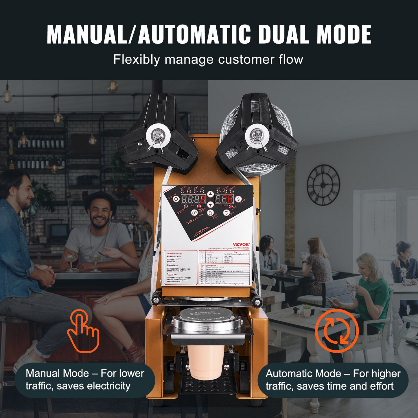 VEVOR Fully Automatic Cup Sealing Machine, 500-650 Cups/H, Cup Sealer Machine for 190 mm Tall & 90/95 mm Cup, Electric Boba Tea Sealer with Digital Control LCD Panel for Bubble Milk Tea Coffee, Gold