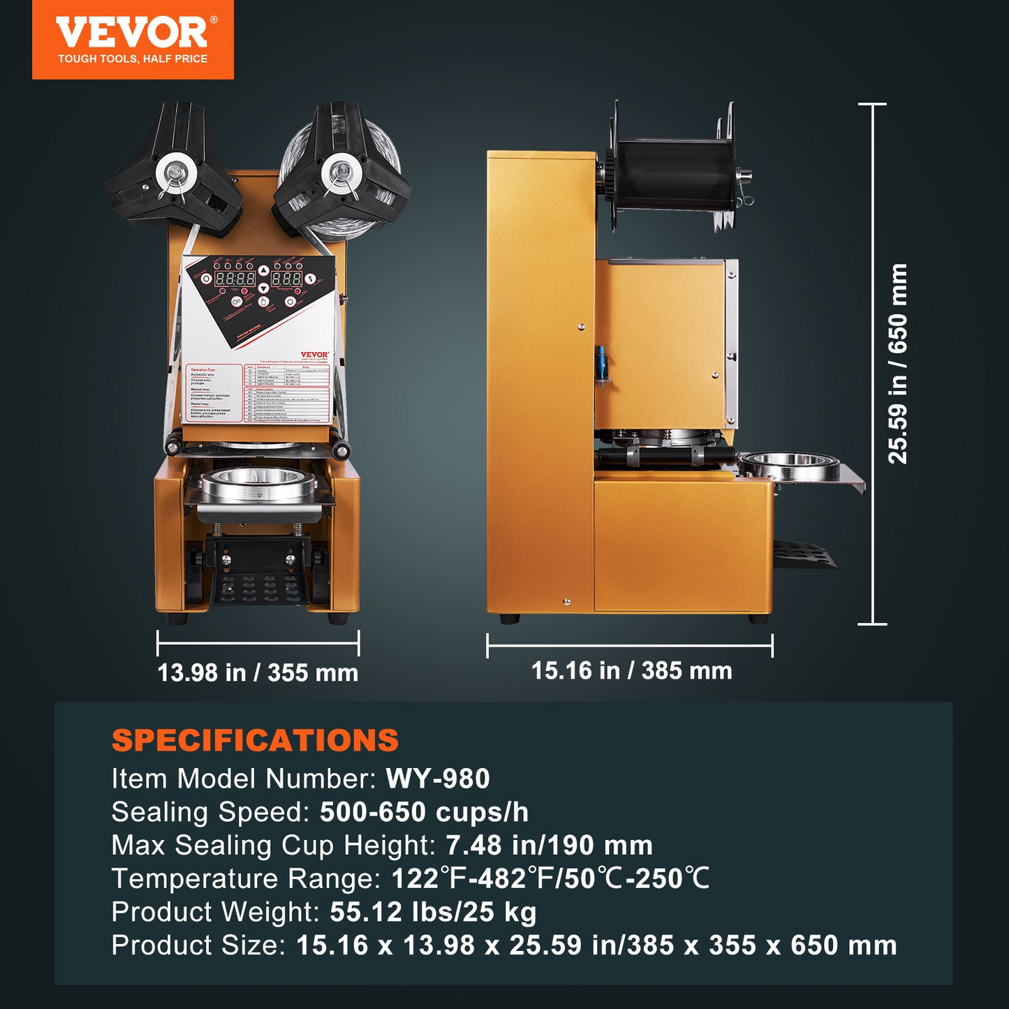 VEVOR Fully Automatic Cup Sealing Machine, 500-650 Cups/H, Cup Sealer Machine for 190 mm Tall & 90/95 mm Cup, Electric Boba Tea Sealer with Digital Control LCD Panel for Bubble Milk Tea Coffee, Gold
