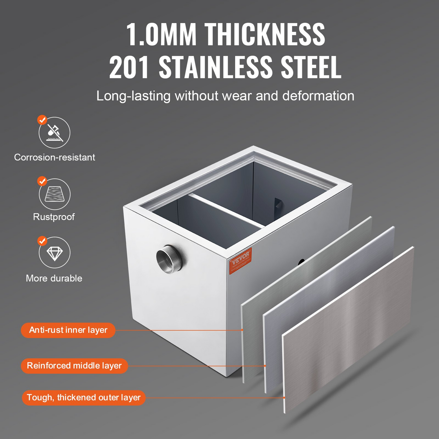 VEVOR Commercial Grease Trap, 8 LBS Grease Interceptor, Side Inlet Interceptor, Under Sink Stainless Steel Grease Trap, 2.8 GPM Waste Water Oil-water Separator, for Restaurant Canteen Home Kitchen