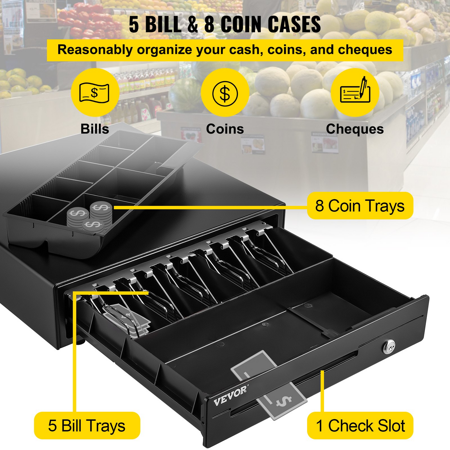 VEVOR Cash Register Drawer, 16" 12 V, for POS System with 5 Bill 8 Coin Cash Tray, Removable Coin Compartment & 2 Keys Included, RJ11/RJ12 Cable for Supermarket, Bar, Coffee Shop, Restaurant