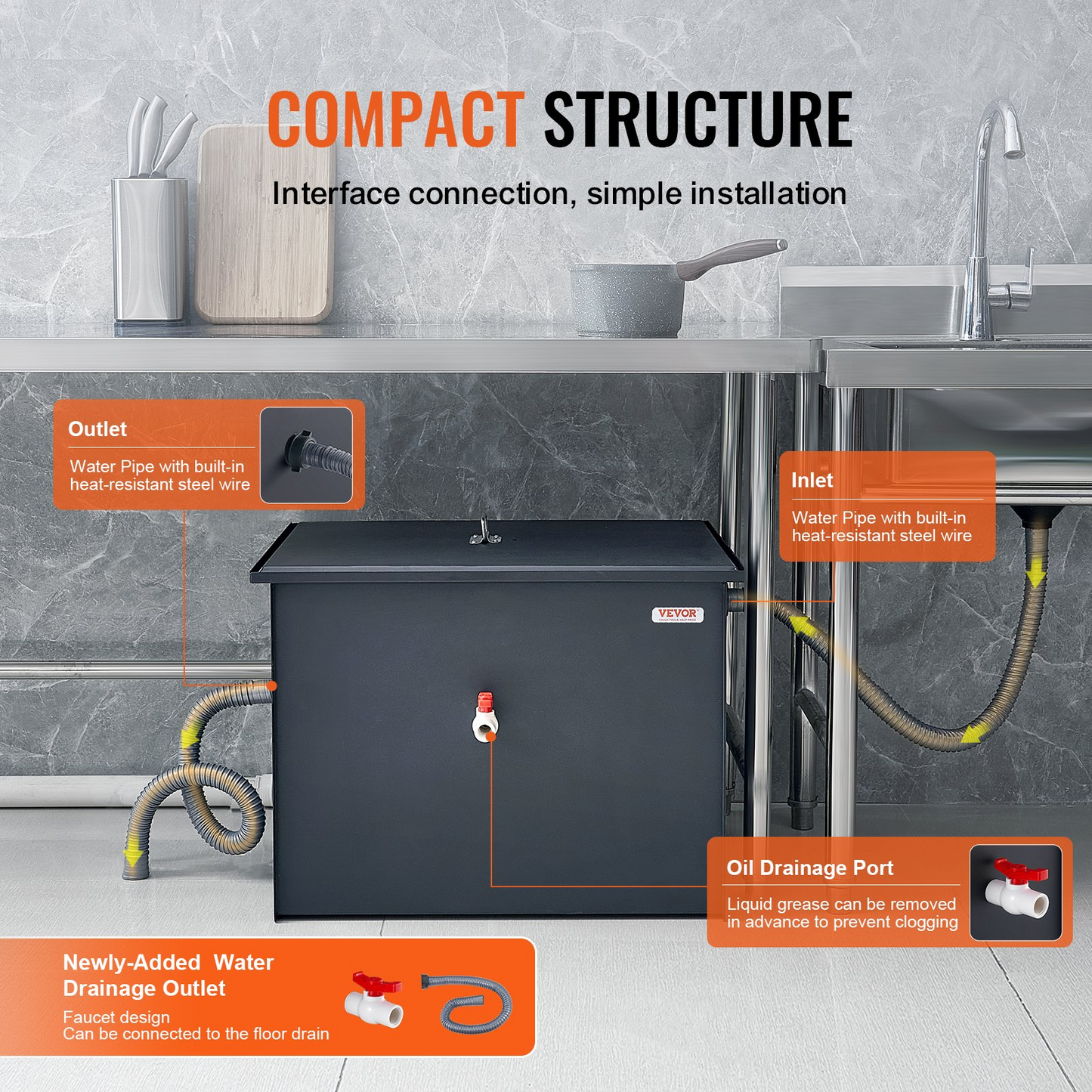 VEVOR 30LBS Commercial Grease Interceptor Trap Carbon Steel Waste Water Filter