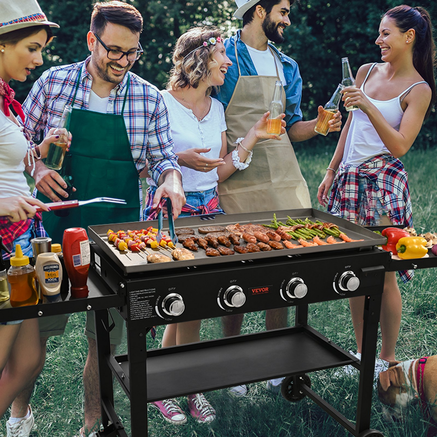VEVOR Commercial Griddle on Cart, 36" Heavy Duty Manual Flat Top Griddle, Outdoor Cooking Station with Side Shelves, Steel LPG Gas Griddle, 4-Burners Restaurant Portable Grill - 60,000 BTU