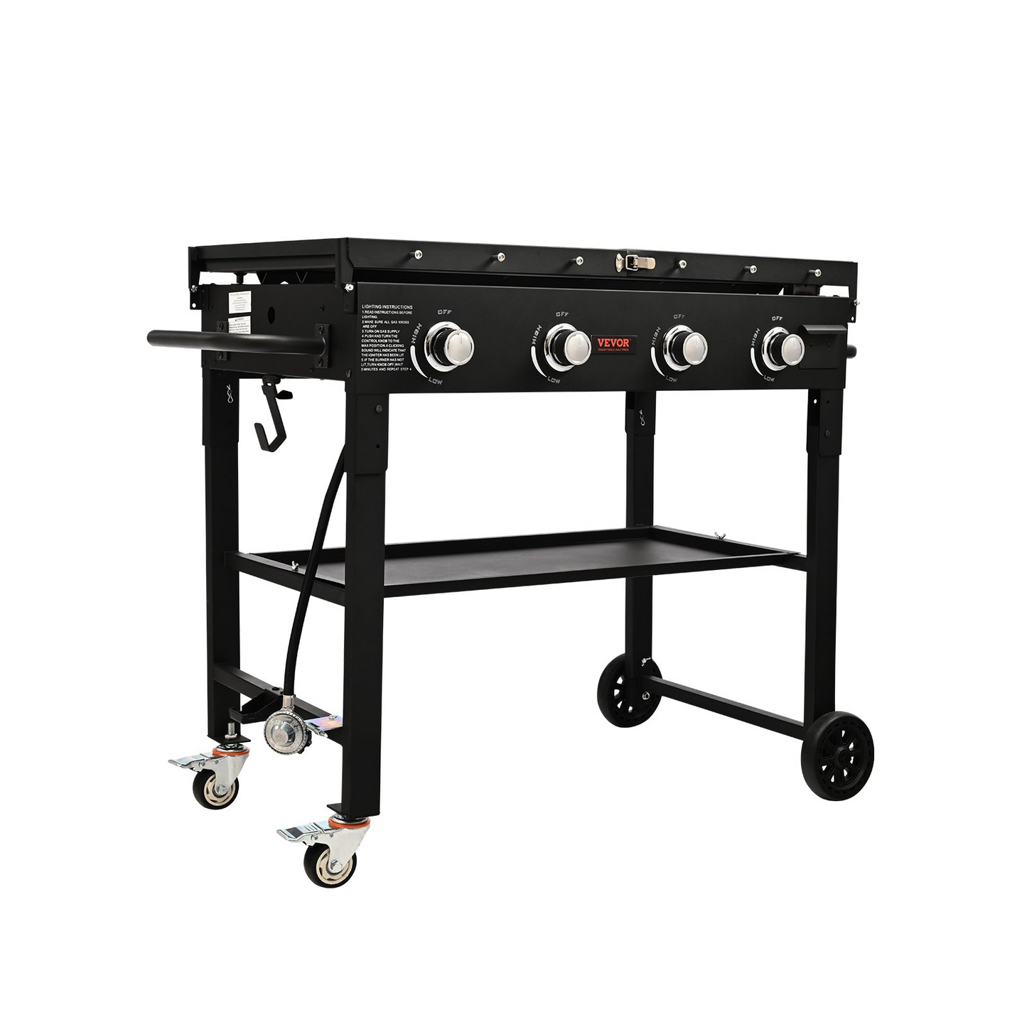 VEVOR Commercial Griddle on Cart, 36" Heavy Duty Manual Flat Top Griddle, Outdoor Cooking Station with Side Shelves, Steel LPG Gas Griddle, 4-Burners Restaurant Portable Grill - 60,000 BTU