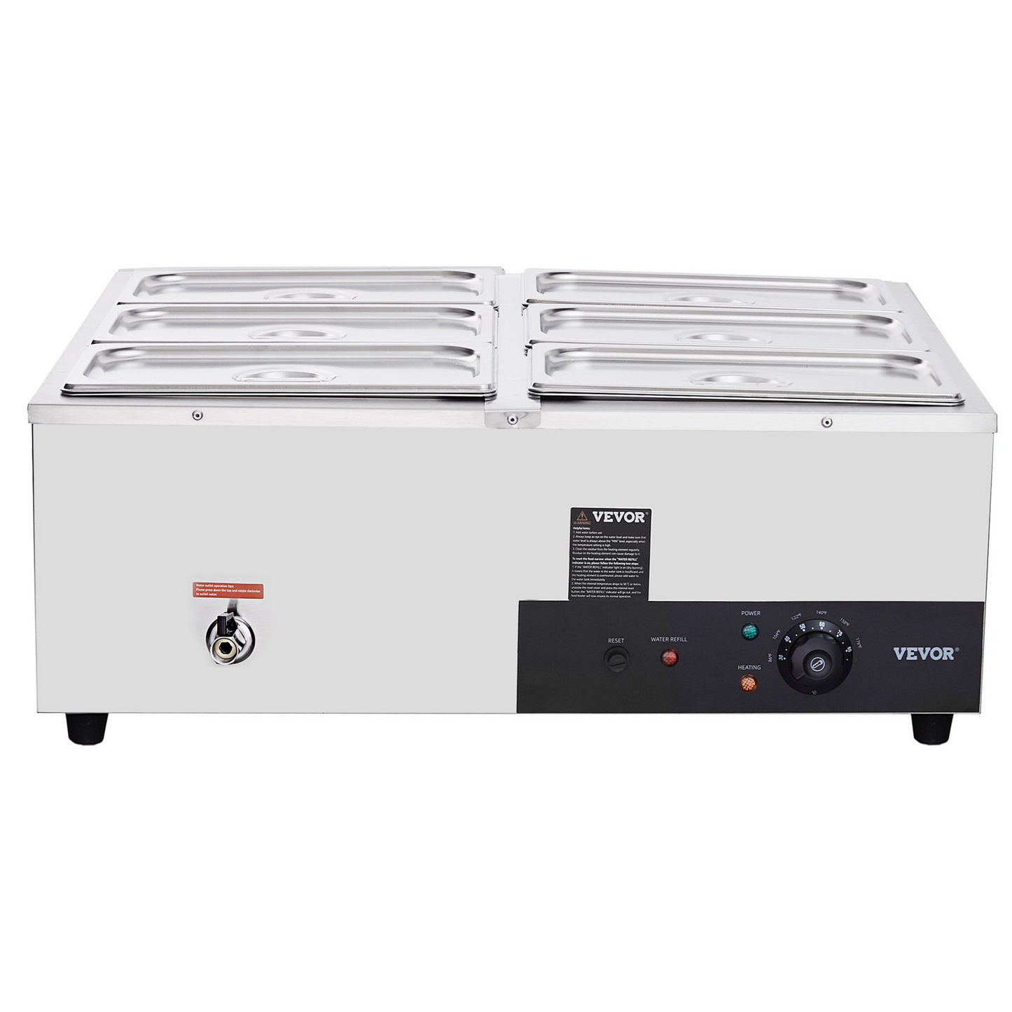 VEVOR 6-Pan Commercial Food Warmer, 6 x 8QT Electric Steam Table, 1500W Professional Countertop Stainless Steel Buffet Bain Marie with 86-185°F Temp Control for Catering and Restaurants, Silver