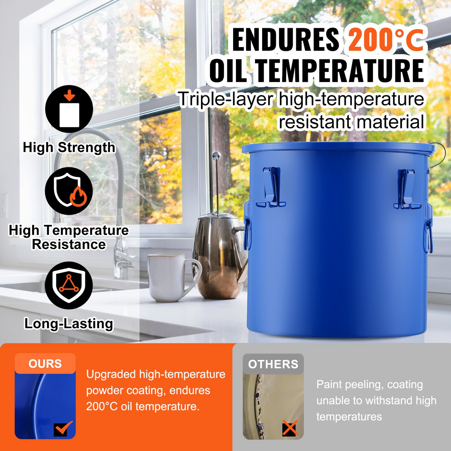 VEVOR Fryer Grease Bucket, 10 Gal Oil Disposal Caddy Carbon Steel Fryer Oil Bucket with Rust-Proof Coating, Oil Transport Container with Lid, Lock Clips, Filter Bag for Hot Cooking Oil Filtering, Blue