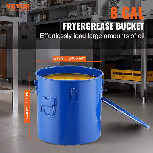 VEVOR Fryer Grease Bucket, 8 Gal Oil Disposal Caddy Carbon Steel Fryer Oil Bucket with Rust-Proof Coating, Oil Transport Container with Lid, Lock Clips, Filter Bag for Hot Cooking Oil Filtering, Blue