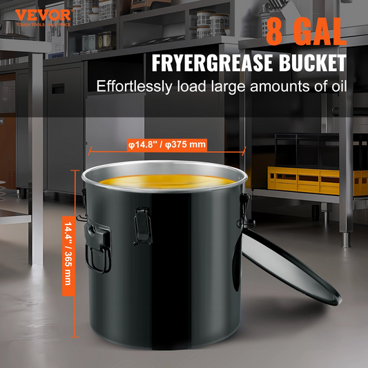 VEVOR Fryer Grease Bucket, 8 Gal Oil Disposal Caddy Stainless Steel Fryer Oil Bucket Rust-Proof Coating, Oil Transport Container with Lid, Lock Clips, Filter Bag for Hot Cooking Oil Filtering, Black