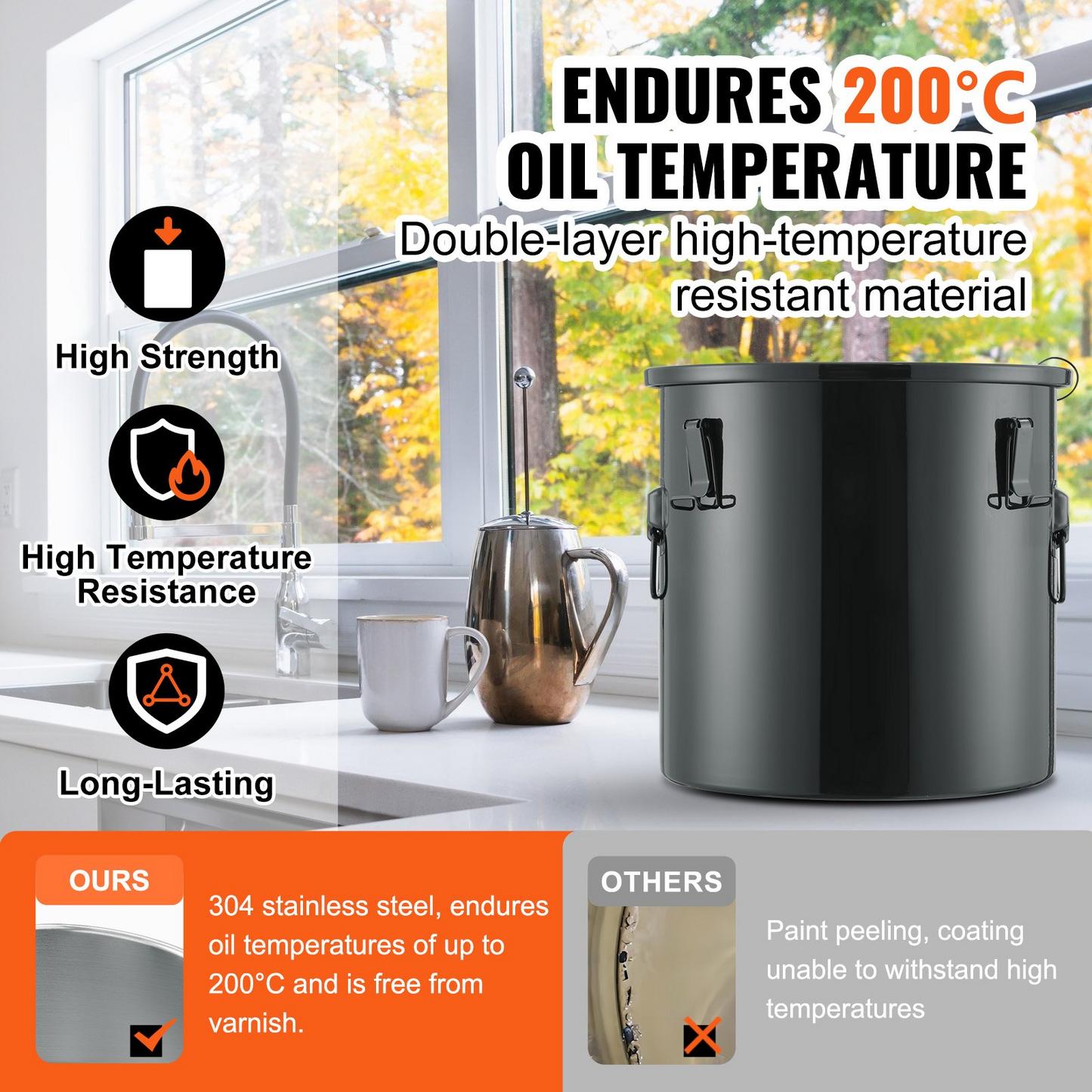 VEVOR Fryer Grease Bucket, 8 Gal Oil Disposal Caddy Stainless Steel Fryer Oil Bucket Rust-Proof Coating, Oil Transport Container with Lid, Lock Clips, Filter Bag for Hot Cooking Oil Filtering, Black