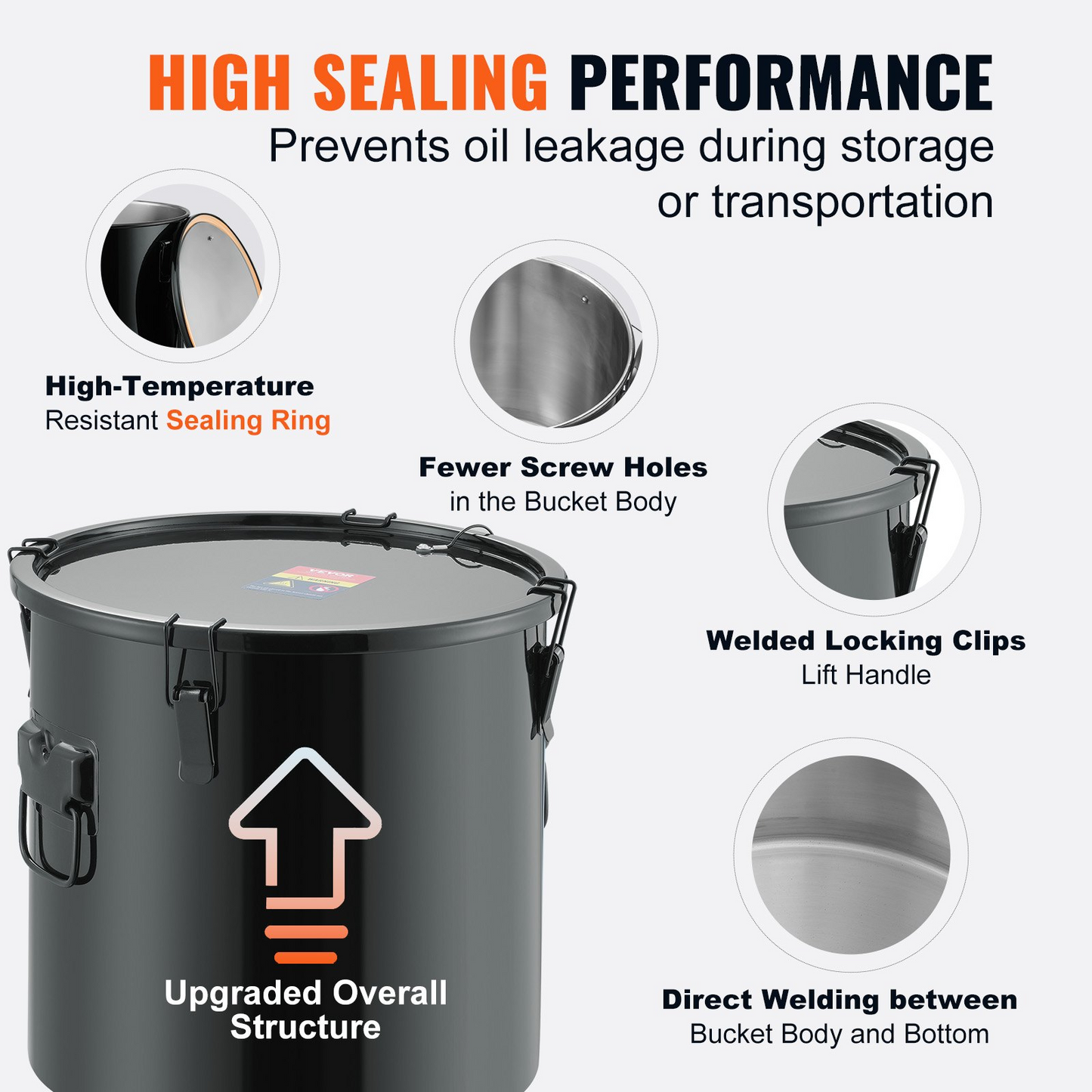 VEVOR Fryer Grease Bucket, 8 Gal Oil Disposal Caddy Stainless Steel Fryer Oil Bucket Rust-Proof Coating, Oil Transport Container with Lid, Lock Clips, Filter Bag for Hot Cooking Oil Filtering, Black
