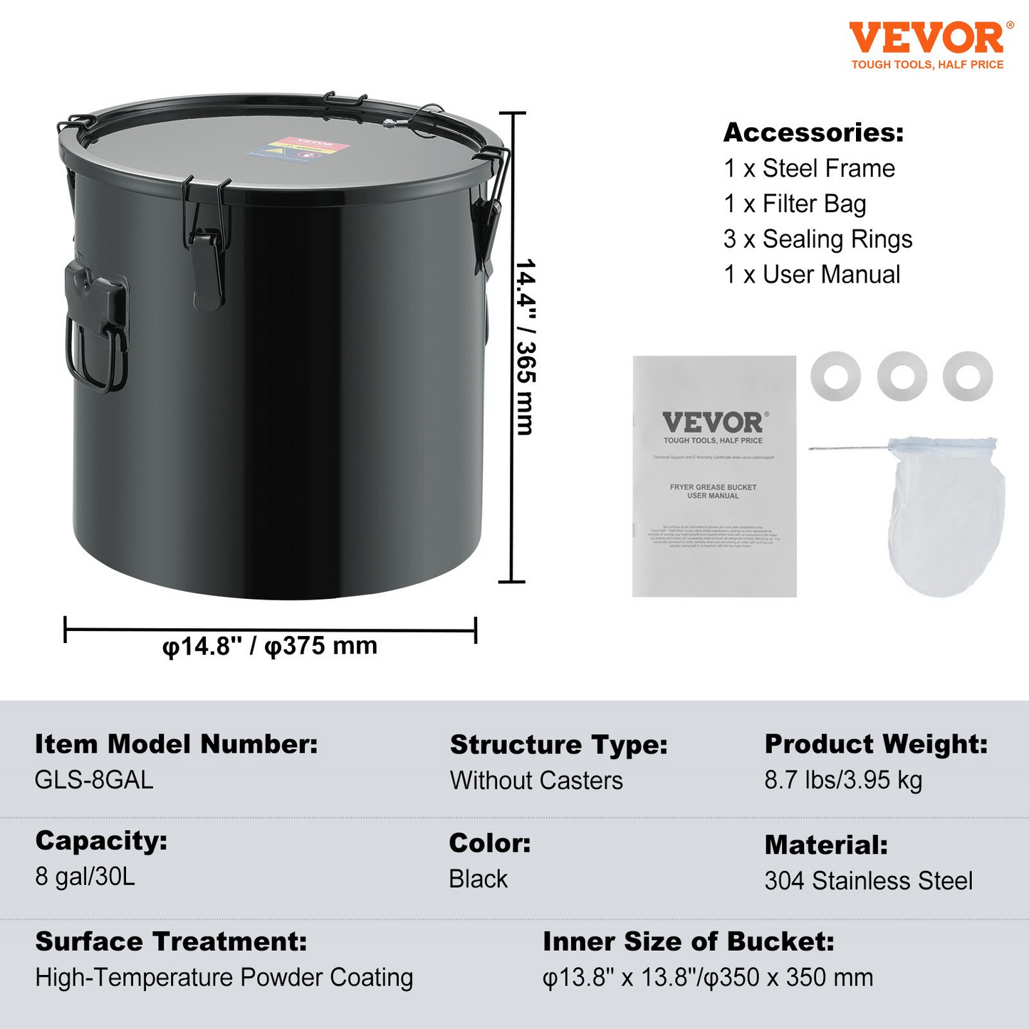 VEVOR Fryer Grease Bucket, 8 Gal Oil Disposal Caddy Stainless Steel Fryer Oil Bucket Rust-Proof Coating, Oil Transport Container with Lid, Lock Clips, Filter Bag for Hot Cooking Oil Filtering, Black