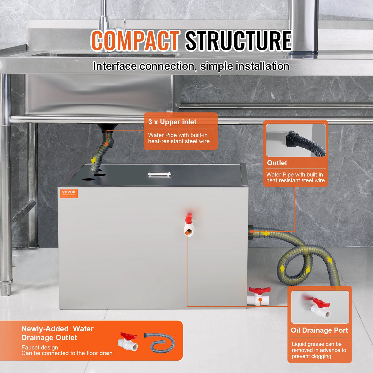 VEVOR Commercial Grease Trap, 40 LBS Grease Interceptor, Top Inlet Interceptor, Under Sink Stainless Steel Grease Trap, 10 GPM Waste Water Oil-water Separator, for Restaurant Canteen Home Kitchen